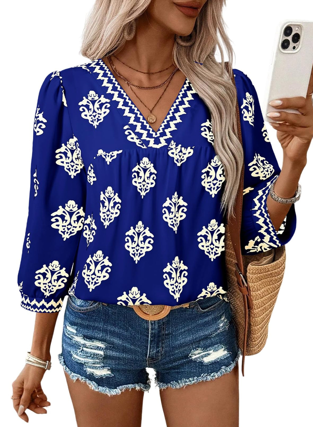 SHEWIN Women's Casual V Neck Floral Print Chiffon Blouses 3/4 Sleeve Boho Summer Tops Shirts