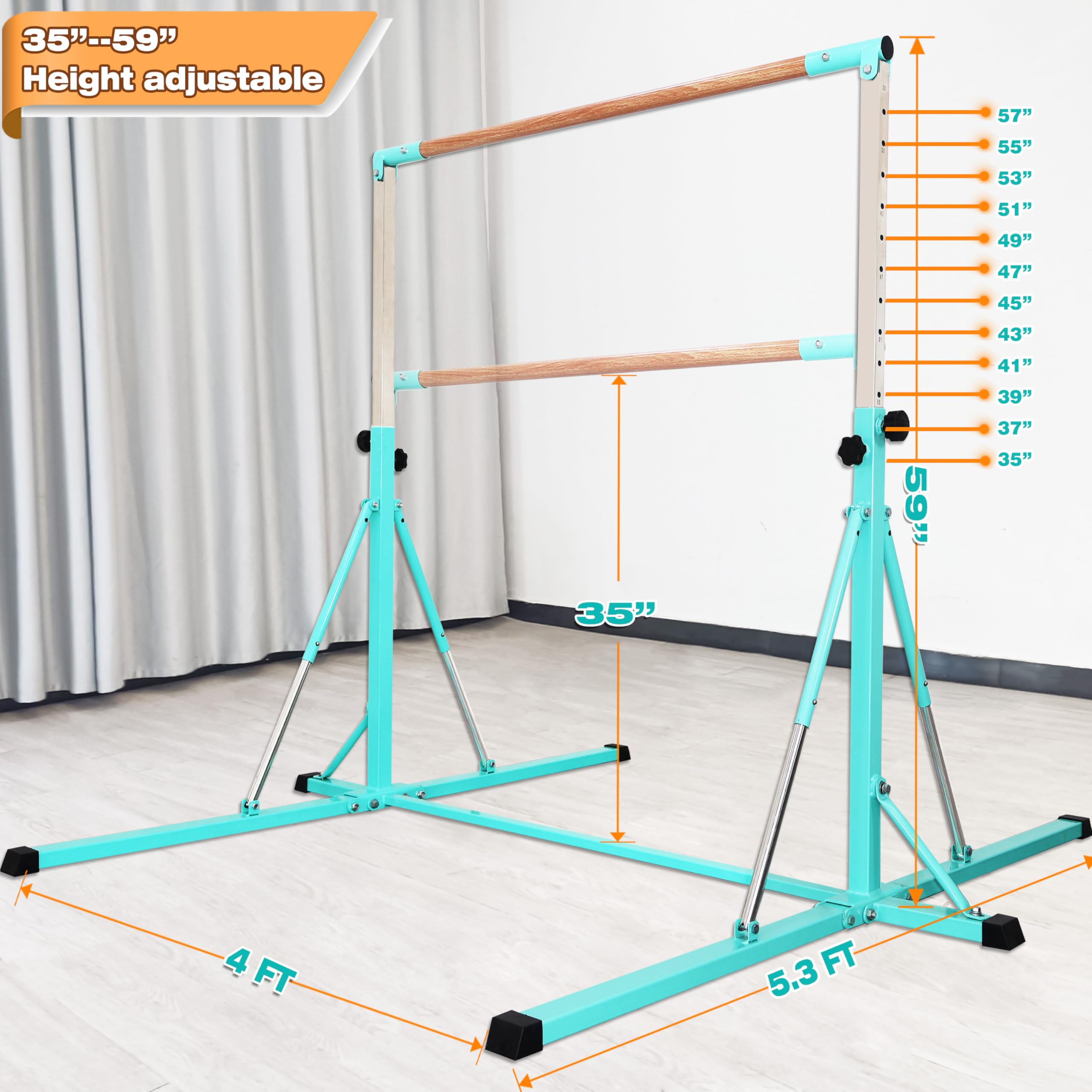 FC FUNCHEER Gymnastics Bar for Kids Ages 3-15, 35" to 60" Adjustable Height, 4FT Wide Base - Professional Kip Bar with 360° Stability & Fiberglass Crossbar, Easy Fold&Solid Design for Home Training