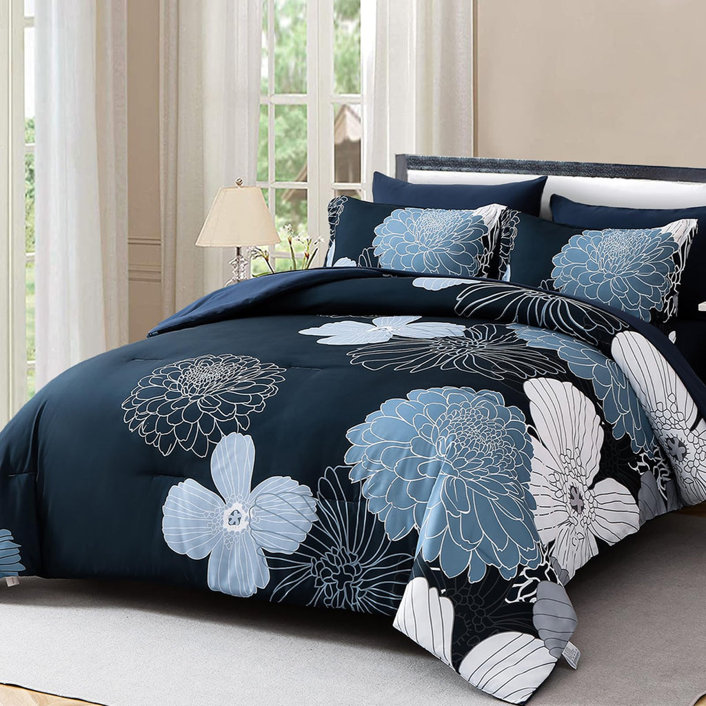 Yiran 7 Pieces Bed in a Bag Blue Floral Comforter Set Queen Size Flowers Comforter Set Soft Microfiber Bedding Set (1 Comforter 1 Flat Sheet 1 Fitted Sheet 2 Pillowshams 2 Pillowcases)