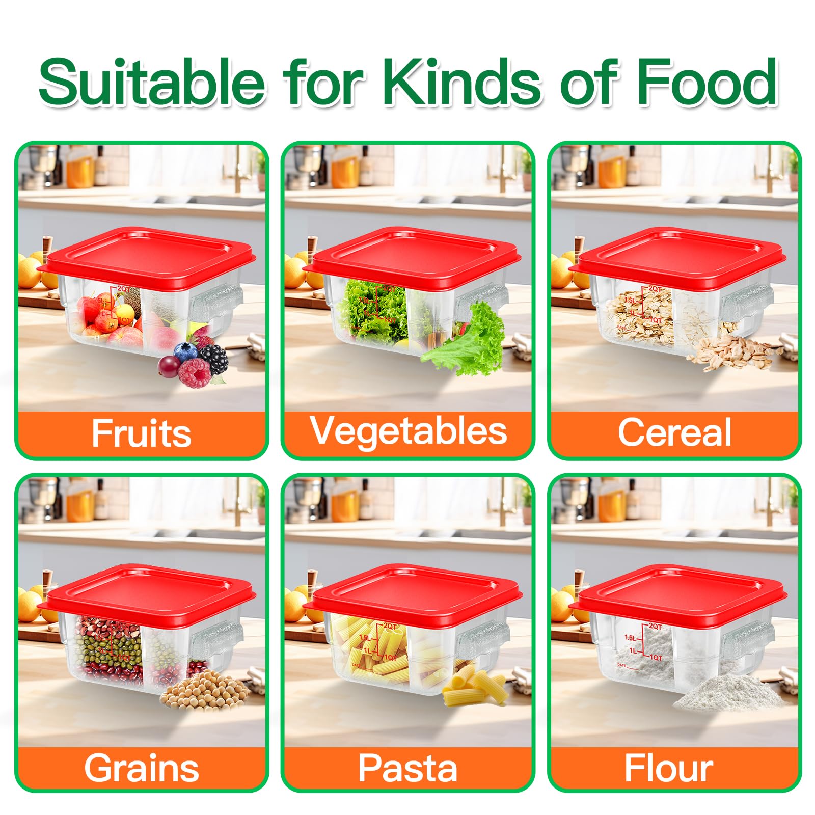 6 pcs 2qt Food Storage Containers with Lid, Square Clear Commercial Storage Containers with Handle and Scale for Food Storage in Home Kitchen & Dining (Green)