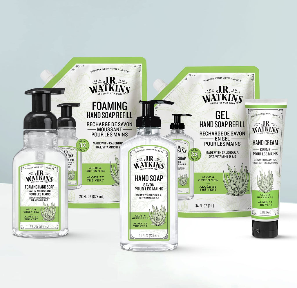J.R. Watkins Gel Hand Soap Refill, Moisturizing Hand Wash, Formulated with Plant-Based Cleansers, Alcohol-Free, Cruelty-Free, Aloe & Green Tea, 34 Fl Oz, 2 Pack