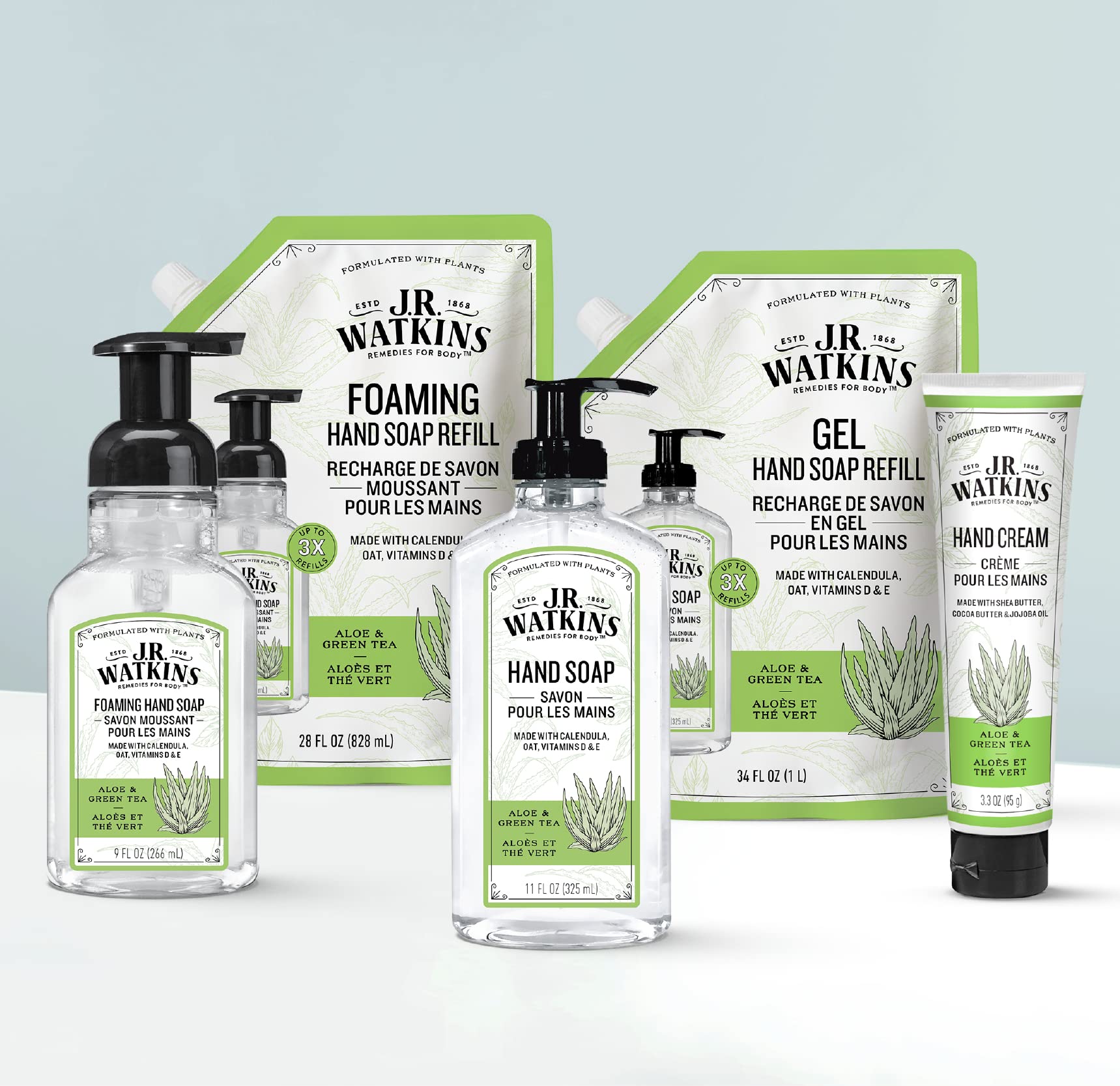 J.R. Watkins Gel Hand Soap Refill, Moisturizing Hand Wash, Formulated with Plant-Based Cleansers, Alcohol-Free, Cruelty-Free, Aloe & Green Tea, 34 Fl Oz, 2 Pack