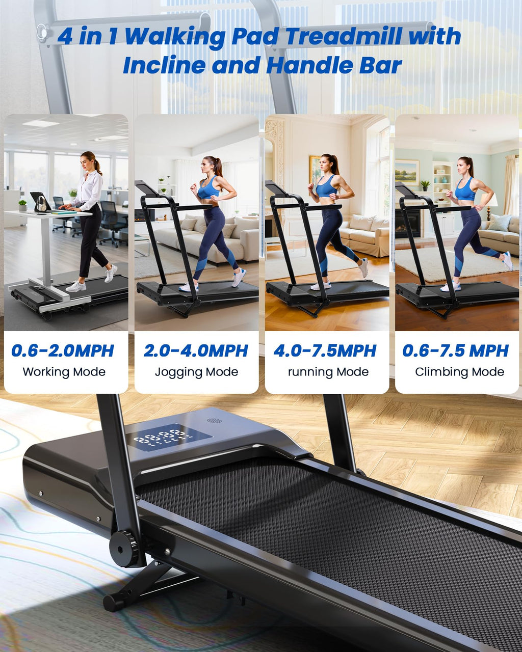 DeerRun Walking Pad Treadmill with Incline and Handle Bar, 4-in-1 Foldable Under Desk Treadmills for Home Small or Office, 300 lbs Capacity 3.0 HP Folding Portable Walking Pad with APP