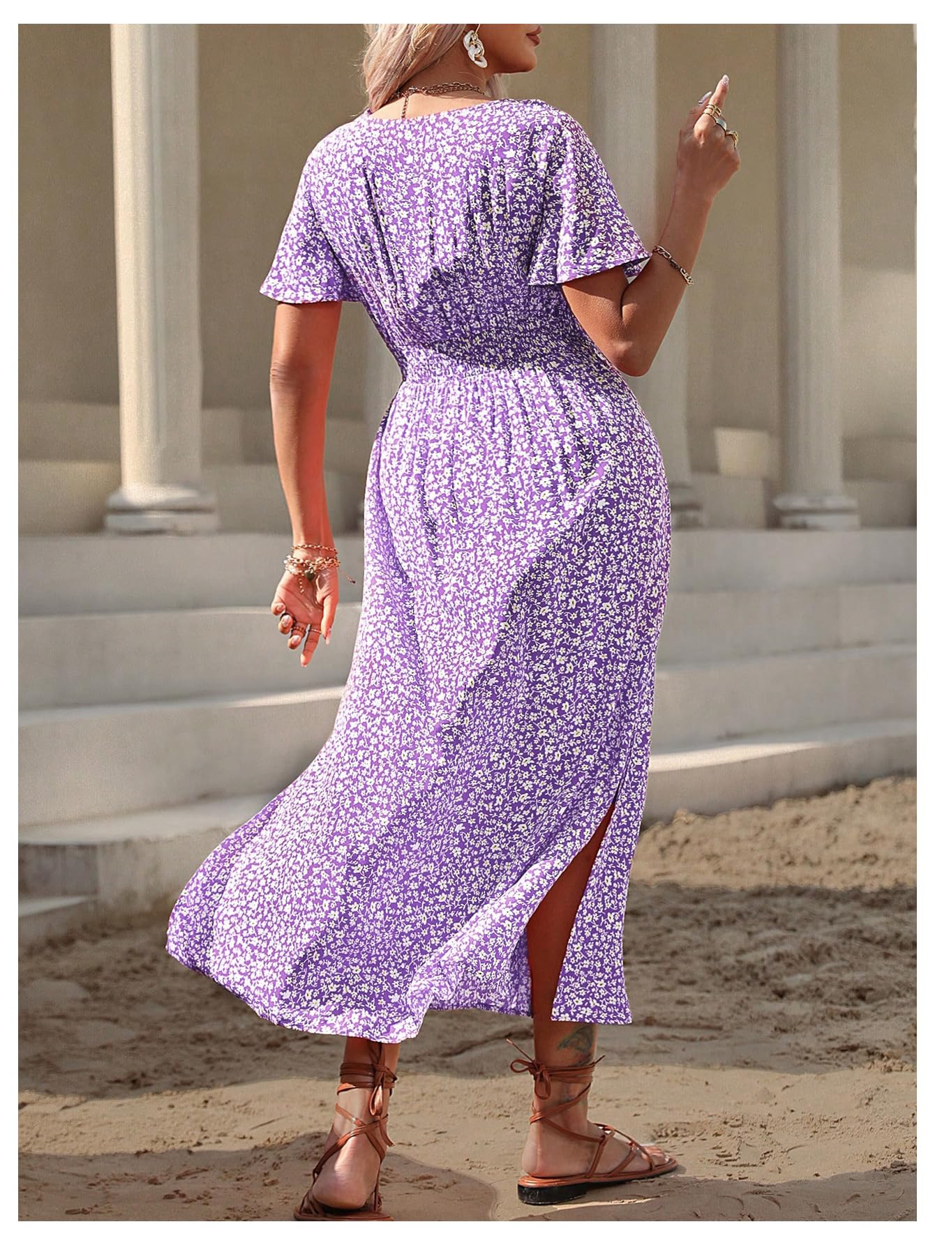 Floerns Women's Plus Size Boho Hawaiian Tropical Dresses V Neck Short Sleeve Floral A Line Long Dress Vacation Beach Outfits