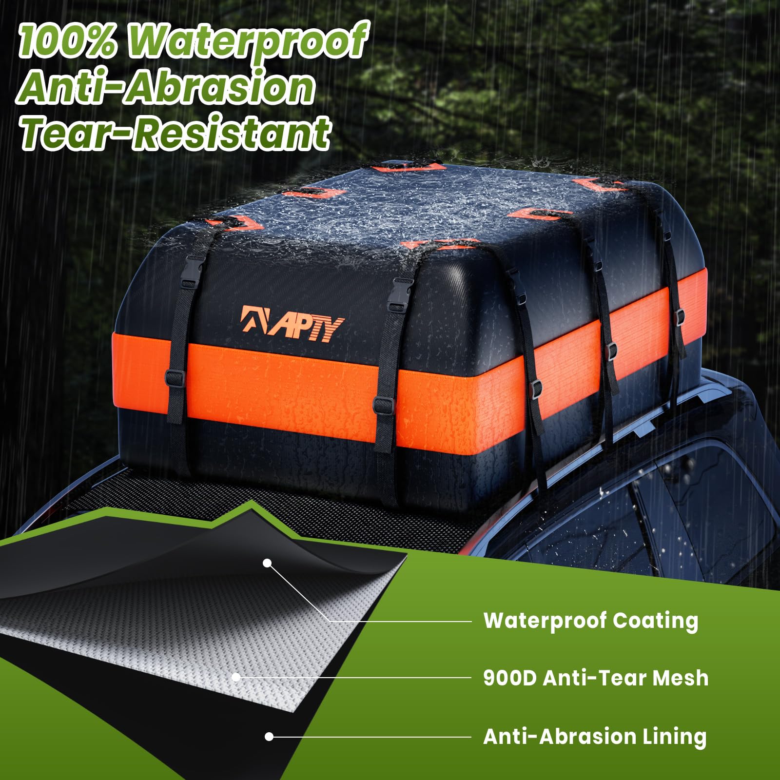 APTY Car Rooftop Cargo Carrier Bag, 16 Cubic Feet Soft Roof Top Luggage Bag for All Vechicles with/Without Racks - with Waterproof Zip, Anti-Slip Mat, Door Hooks, Luggage Lock, Storage Bag