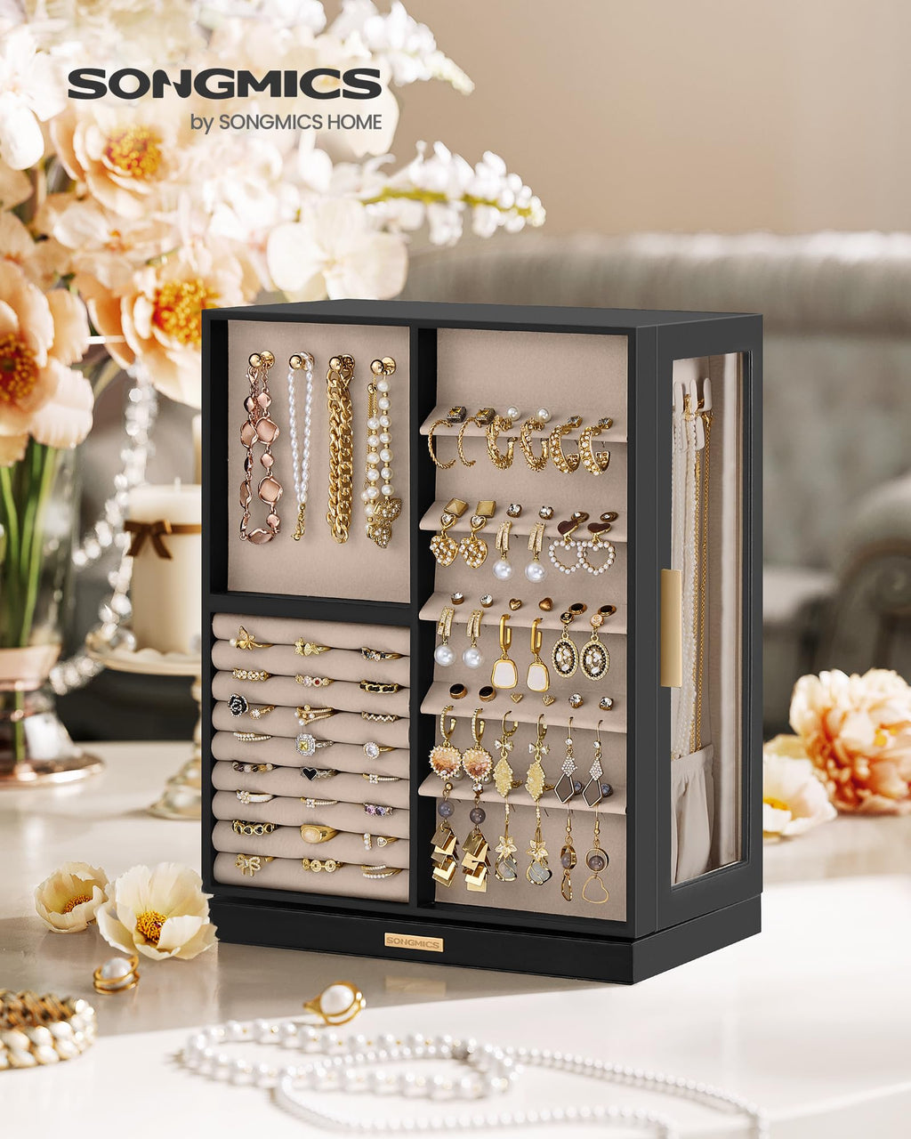 SONGMICS GISELLA Collection - Jewelry Box Organizer 360° Rotating, Vertical Jewelry Storage Case with 5 Drawers, Glass Window, Spacious, Open Design, Great Gift, Cloud White UJBC170W01