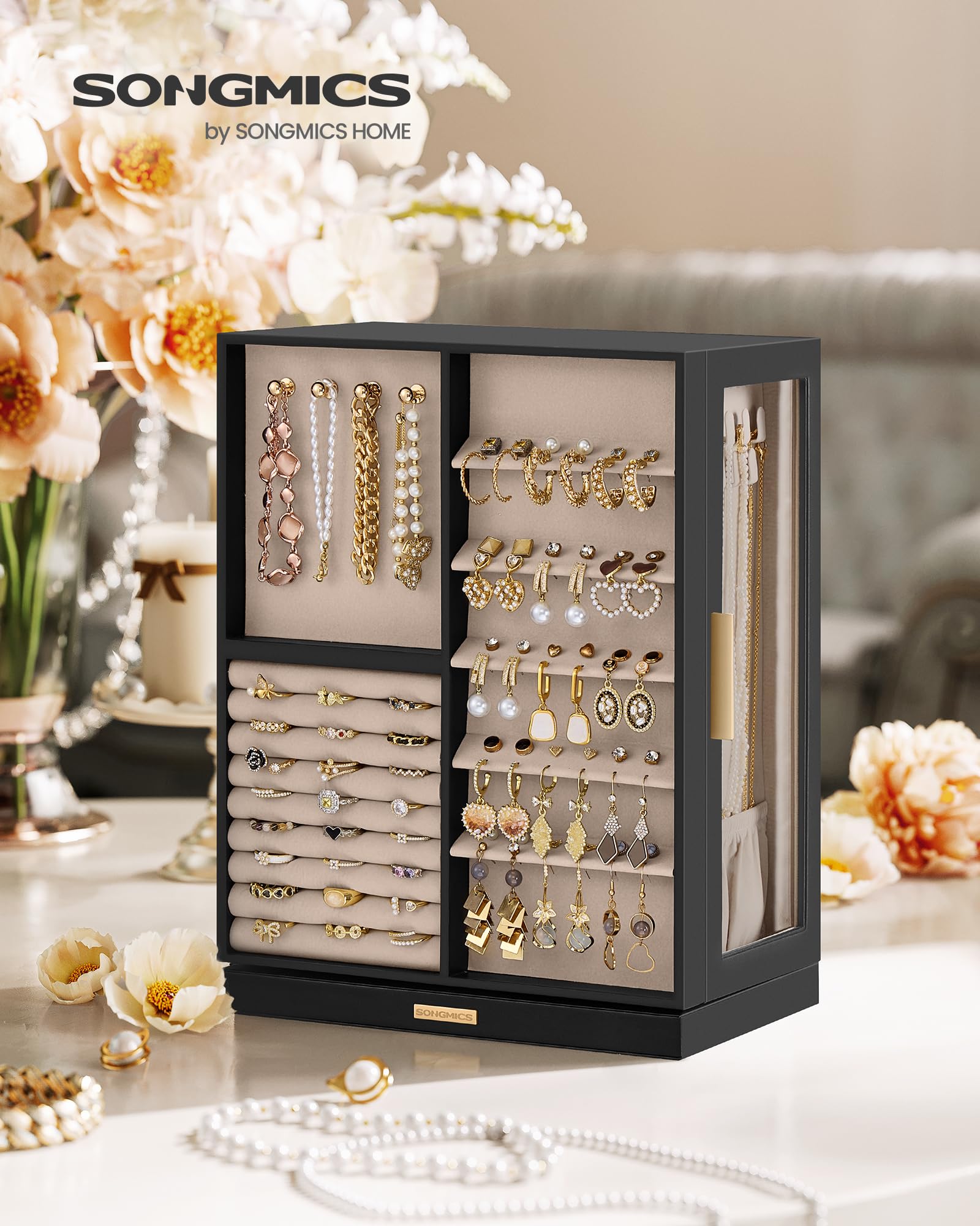 SONGMICS GISELLA Collection - Jewelry Box Organizer 360° Rotating, Vertical Jewelry Storage Case with 5 Drawers, Glass Window, Spacious, Open Design, Great Gift, Cloud White UJBC170W01