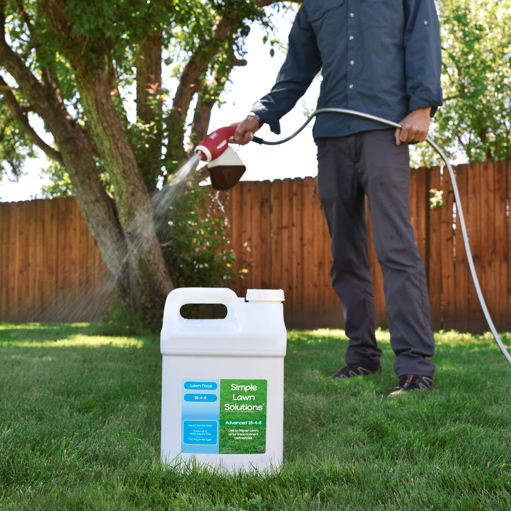 Advanced 16-4-8 Lawn Fertilizer - Liquid Lawn Food Spring & Summer Concentrated Spray - Any Grass Type- Fish and Seaweed Kelp- Balanced NPK - Simple Lawn Solutions (1 Gallon)