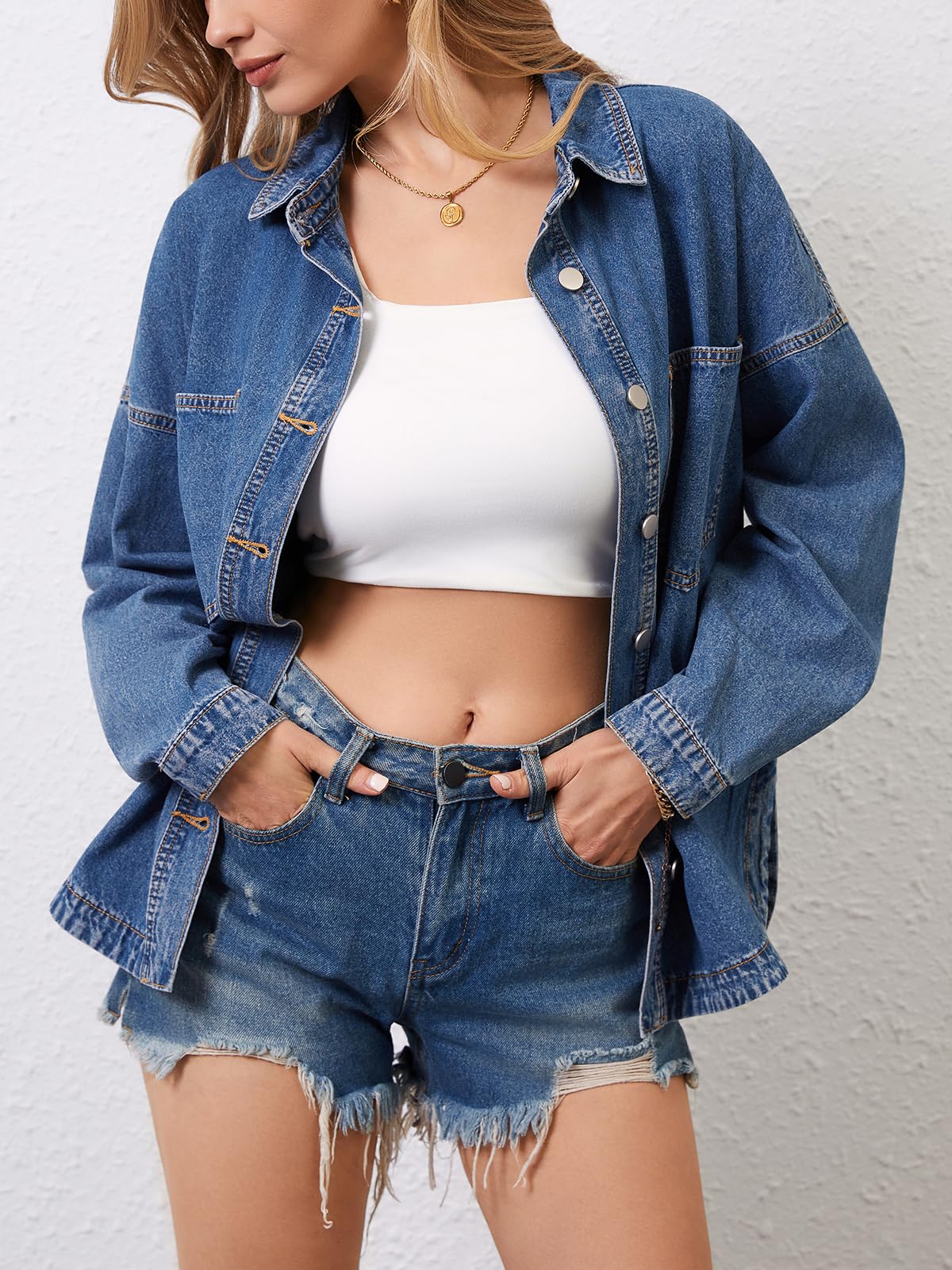 LifeShe Women Denim Shirt Jean Jacket Oversize Button Down Shirt Long Sleeve Jean Tops Trendy Shackets