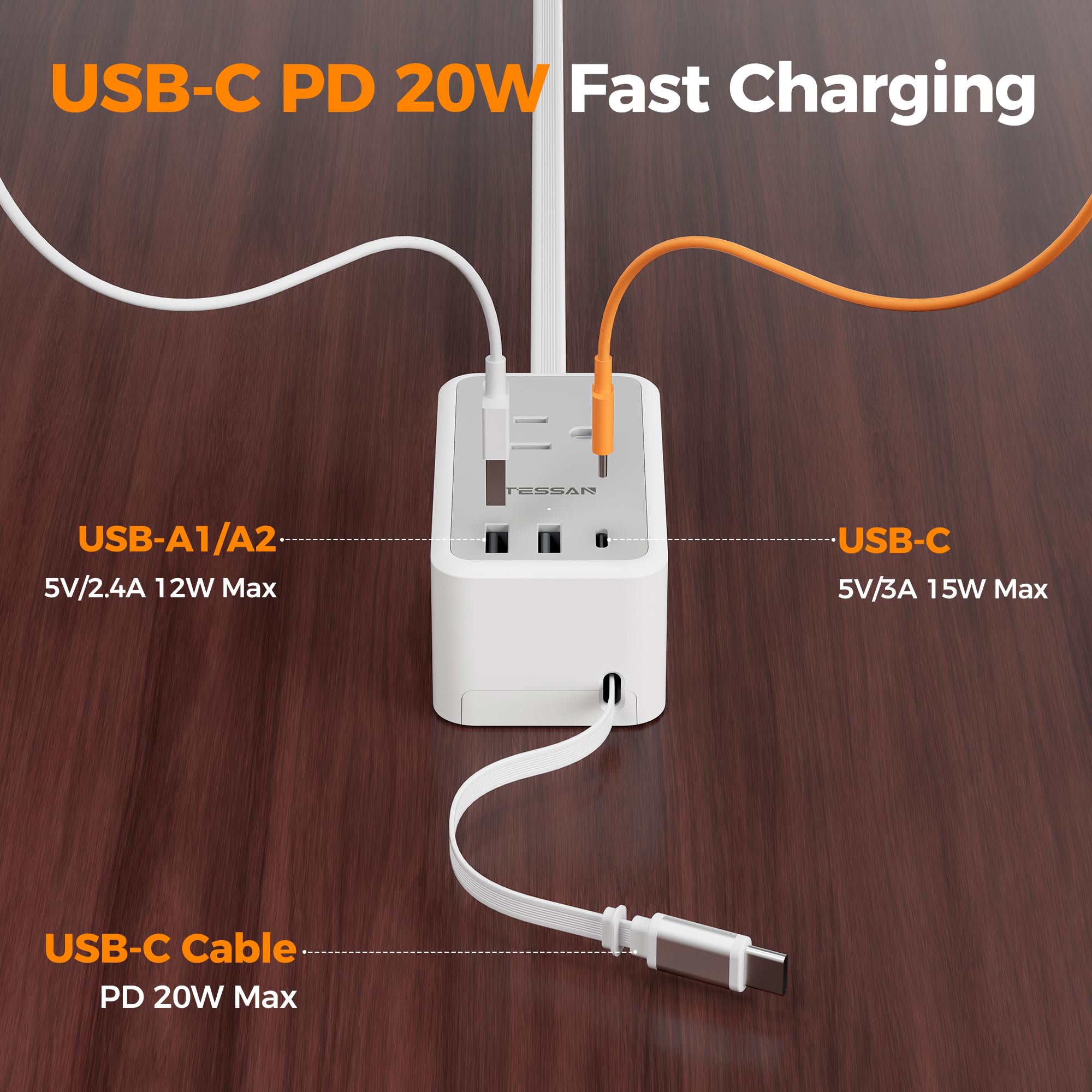 TESSAN Small Flat Plug Power Strip, Ultra Thin Extension Cord 5 ft, 3 AC Outlets with 3 USB Ports (1 USB C), Multiple Wall Outlet Extender for Cruise Travel Office School Dorm Room Essentials, Black