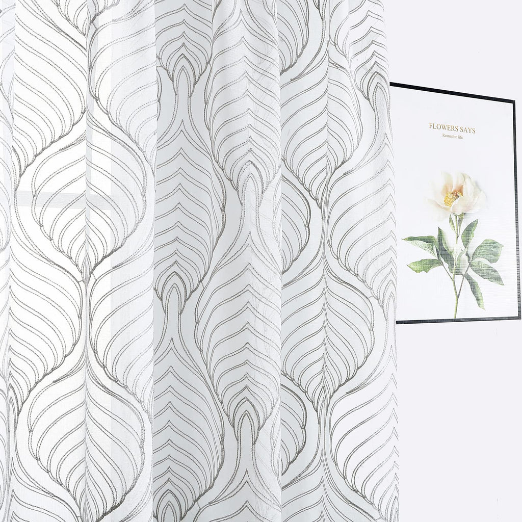 VISIONTEX Sheer Curtains 63 Inches Long 2 Panels Set, Beige and Ivory Moroccan Embroidery Texture Geometric Rod Pocket White Voile Tulle Semi Window Treatment Pair for Bedroom, W54 x L63