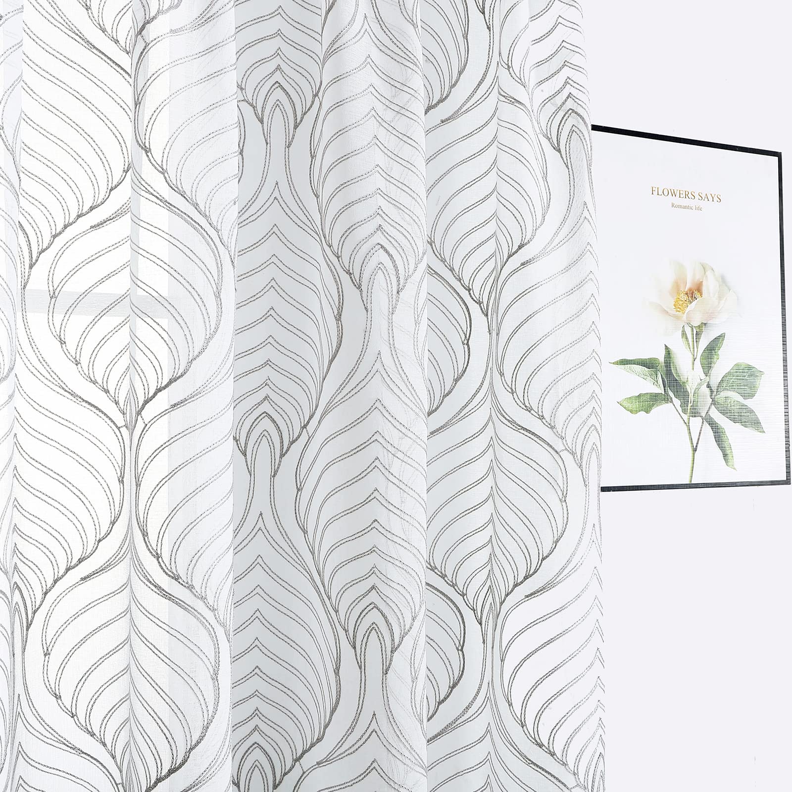 VISIONTEX Sheer Curtains 63 Inches Long 2 Panels Set, Beige and Ivory Moroccan Embroidery Texture Geometric Rod Pocket White Voile Tulle Semi Window Treatment Pair for Bedroom, W54 x L63