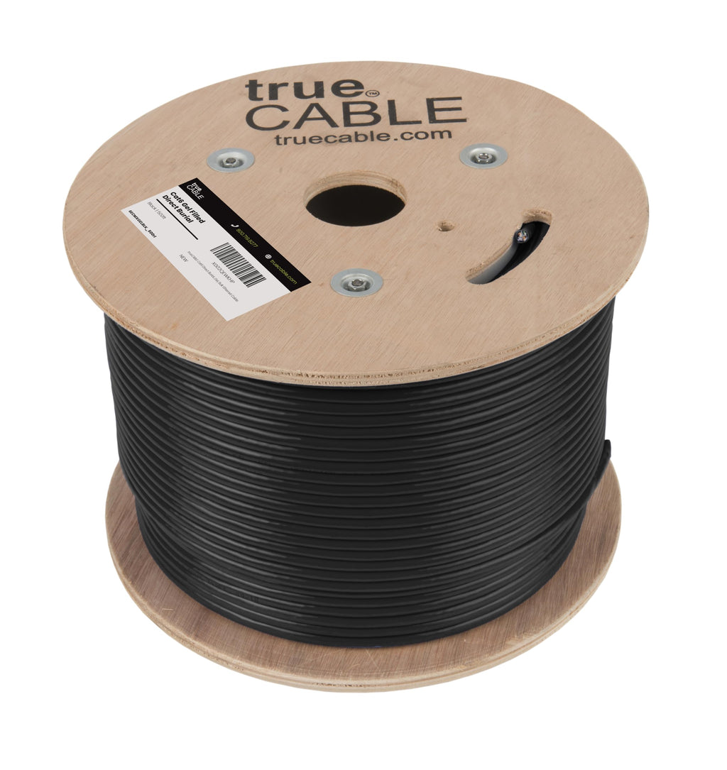 TRUE CABLE Cat6 Direct Burial Bulk Ethernet, Gel Filled, Unshielded, 500ft, Black, Outdoor OSP Jacket, Waterproof, UV Resistant, 23AWG Solid Bare Copper, 550MHz, PoE++ (4PPoE)