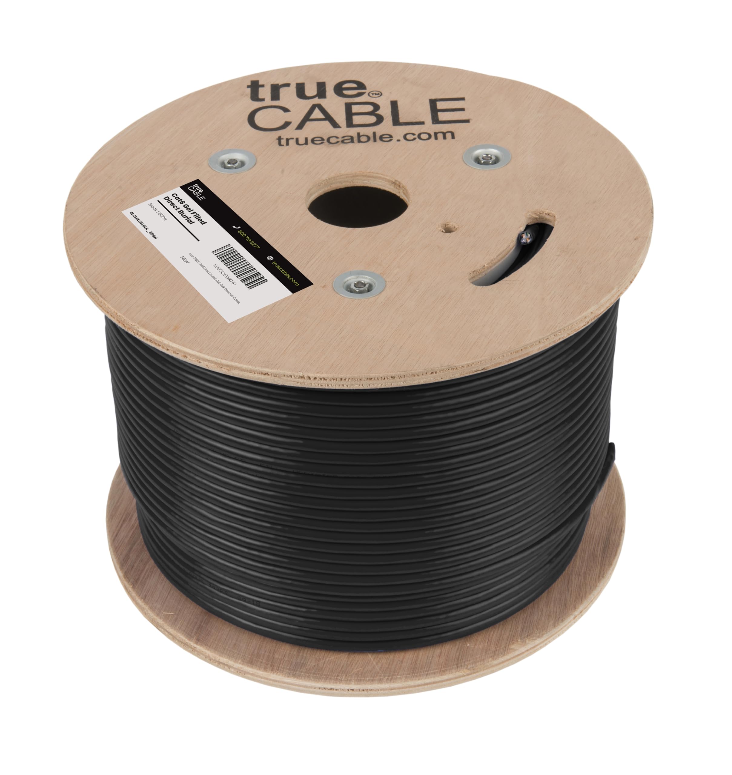 TRUE CABLE Cat6 Direct Burial Bulk Ethernet, Gel Filled, Unshielded, 500ft, Black, Outdoor OSP Jacket, Waterproof, UV Resistant, 23AWG Solid Bare Copper, 550MHz, PoE++ (4PPoE)
