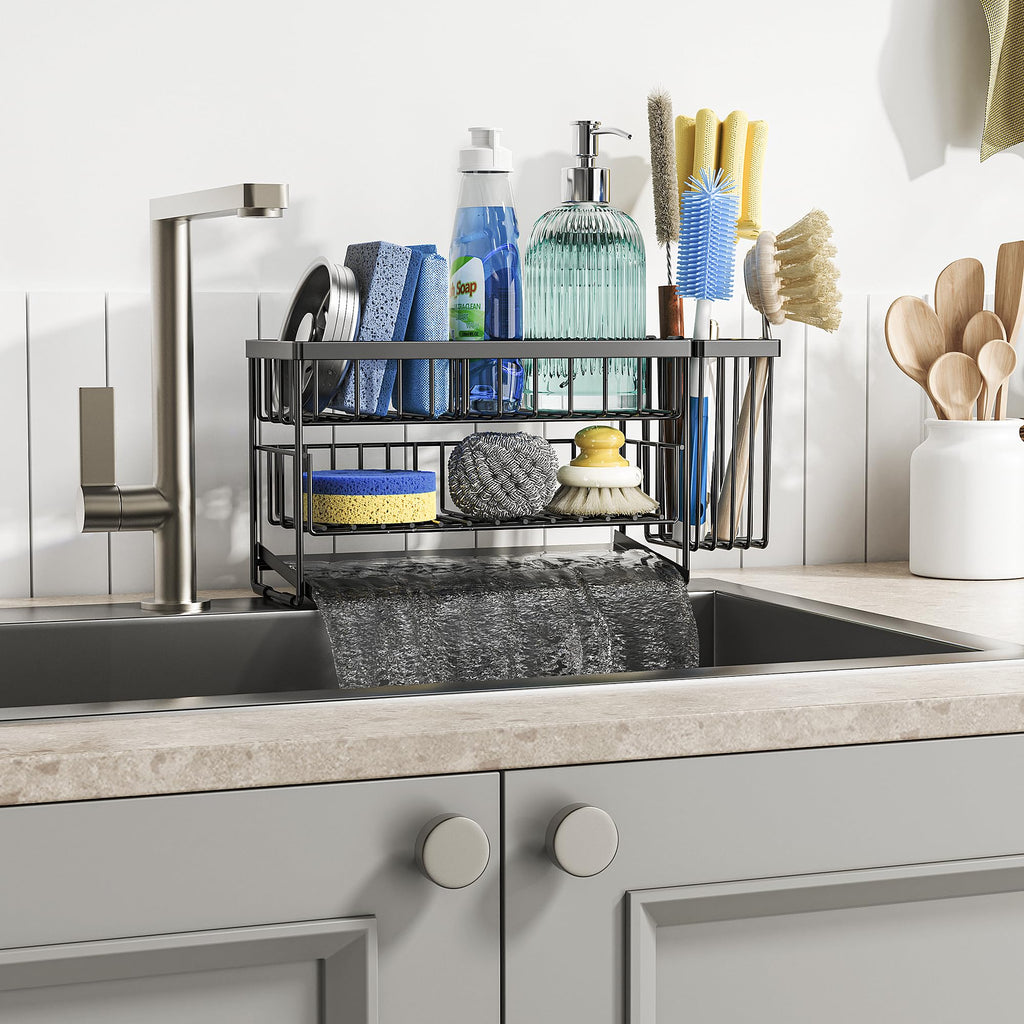 Cisily 2-Tier Kitchen Sink Caddy Organzier Rack with Dish Brush Sponge Holder | Kitchen Sink Countertop Organization Storage,Home Decor Accessories Essentials Stainless Steel