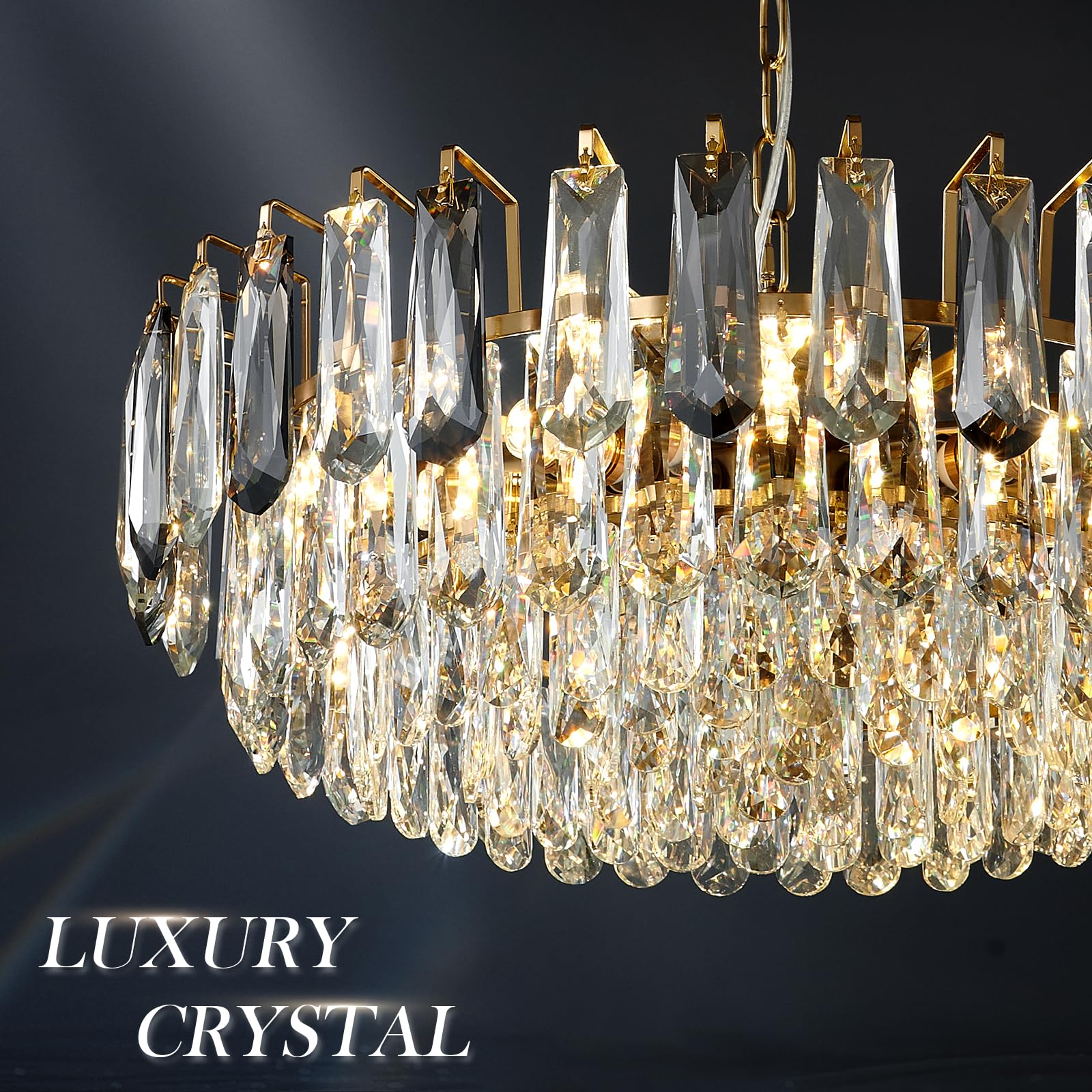 23.6" Modern Crystal Chandelier with Grey Crystal Gold 3-Tier Luxury Pendant Light 12-Light Ceiling Pendant Lighting for Dinning Room Living Room Foyer