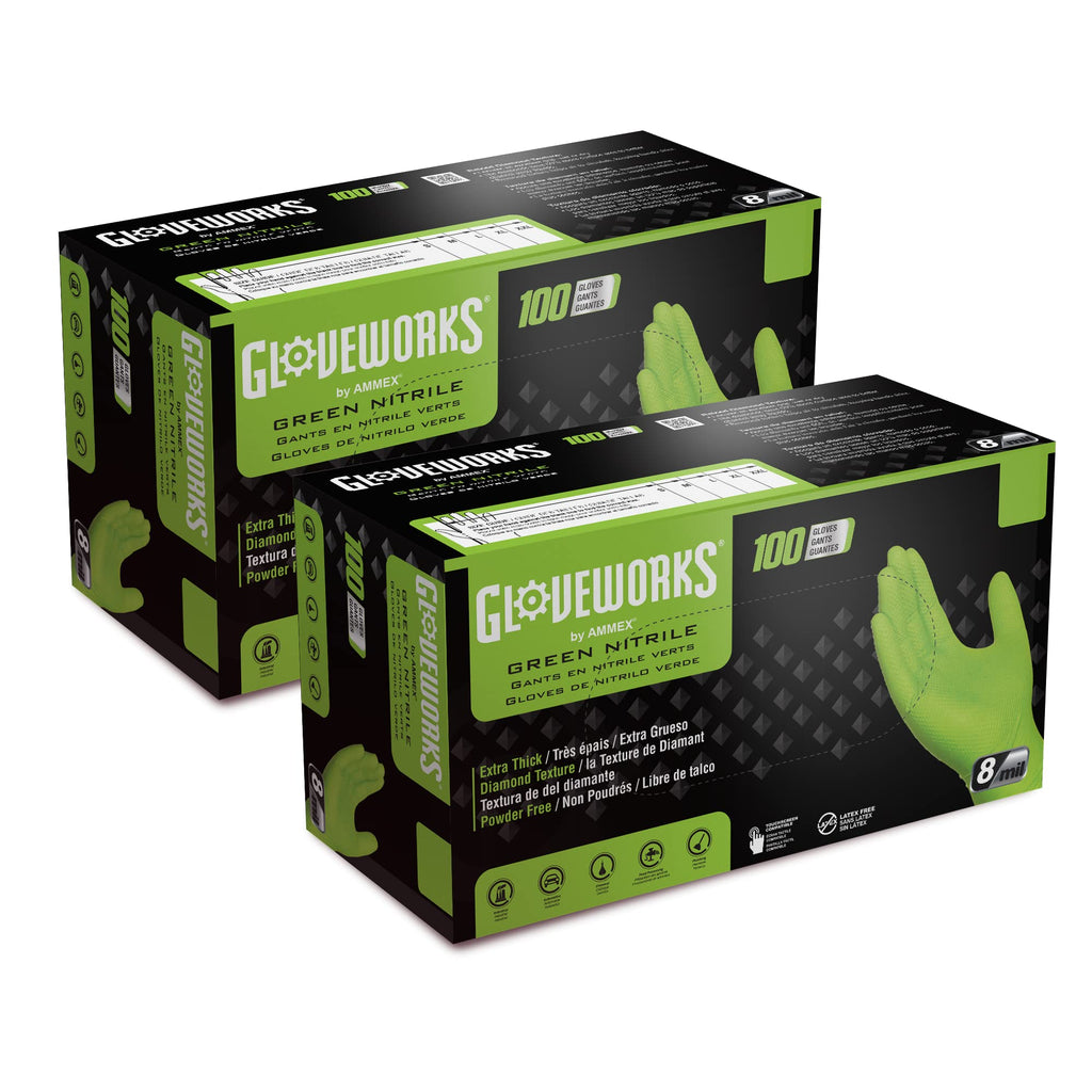 GLOVEWORKS HD Green Gloves, 8 Mil Nitrile Disposable Heavy Duty Raised Diamond Grip Mechanic Glove, Bulk Purchasing Options
