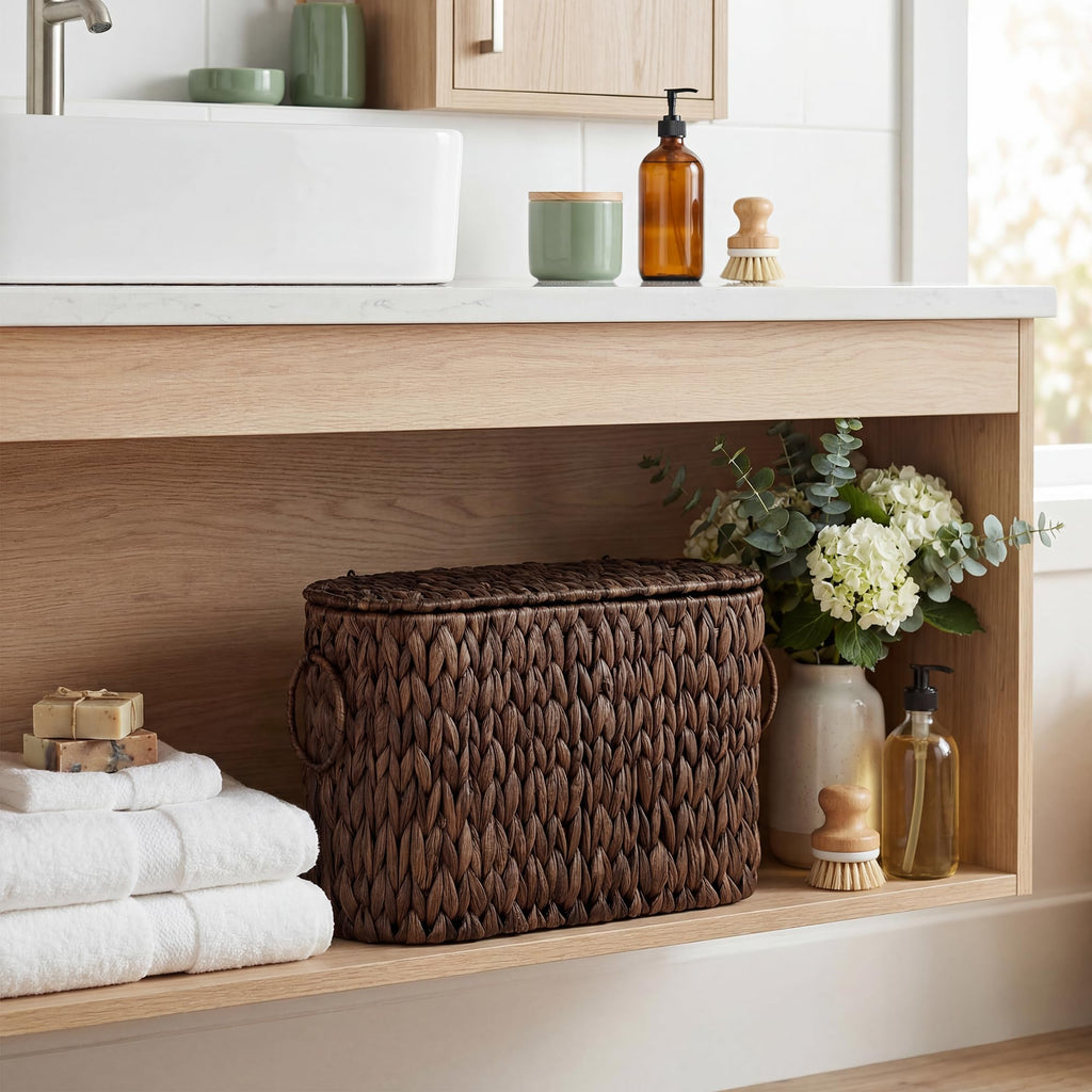 StorageWorks Bathroom Toilet Paper Storage Holder with Lid, Wicker Toilet Paper Basket for 6 Regular Rolls, Slim Basket Organizer with Handles, Water Hyacinth Storage Baskets for Bathroom, Brown