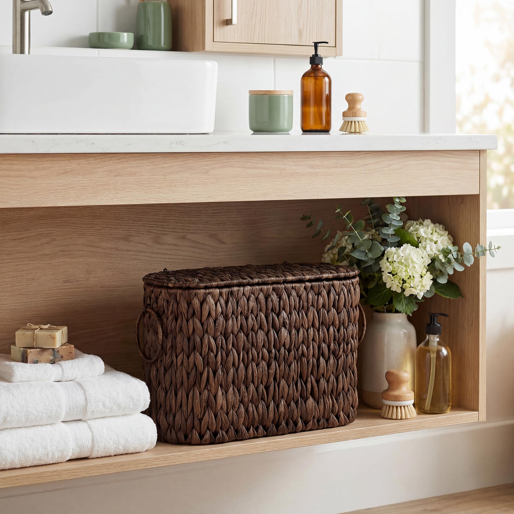 StorageWorks Bathroom Toilet Paper Storage Holder with Lid, Wicker Toilet Paper Basket for 6 Regular Rolls, Slim Basket Organizer with Handles, Water Hyacinth Storage Baskets for Bathroom, Brown