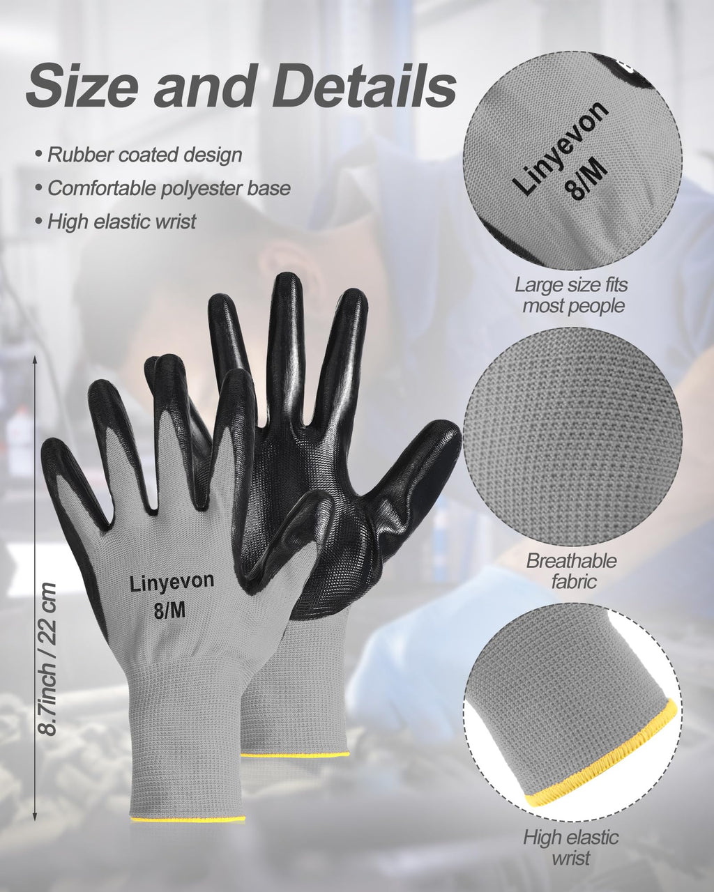Maxcheck PU Coated Gloves Bulk, Reusable Rubber Safety Gloves for Men Women Work Warehouse, Mechanic, Woodworking