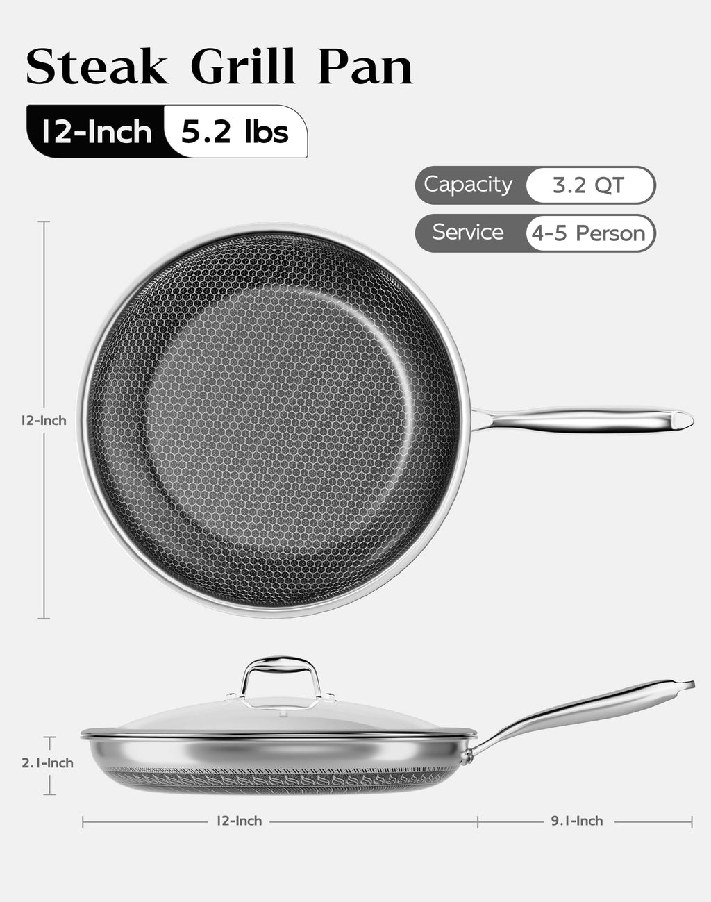 Nonstick Frying Pan with Lid 7-Inch, Durable Stainless Steel Skillet, Induction & Oven Safe 500°F, PFOA-Free Scratch-Proof, Dishwasher Safe, Stay-Cool Handle, Silver Kitchen Cookware