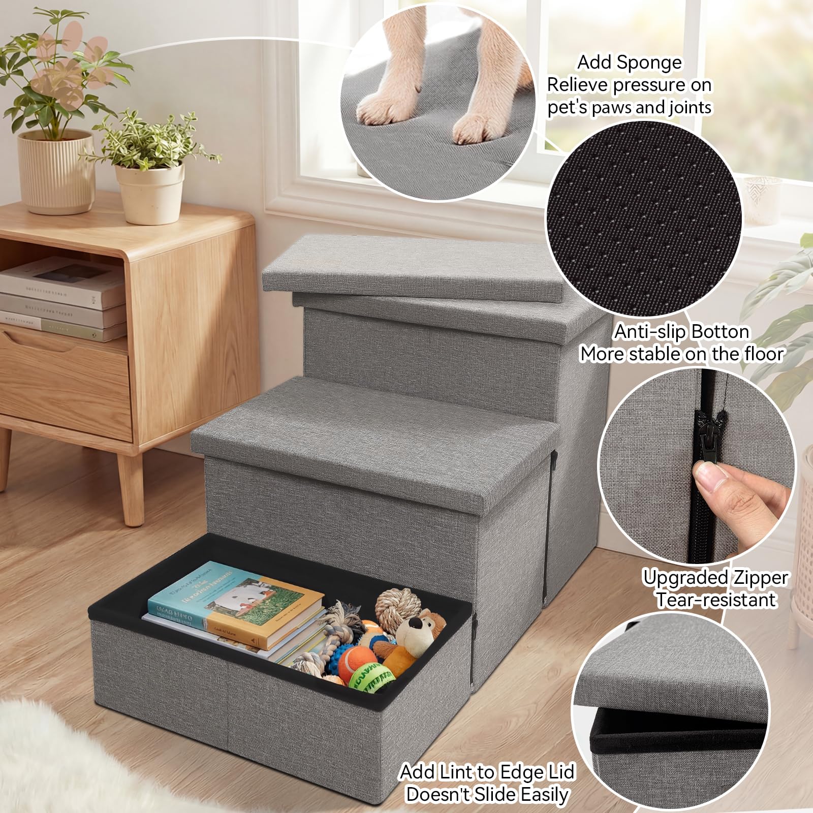 Zerbuger Dog Stairs with Condo 15" H, 2-Step Wider Dog Steps for Small/Medium/Large Old Dogs Cats, Folding Sturdy Storage Pet Stairs Climbing Bed Couch, Ramp for Car Hold Up to 150 lbs, Beige