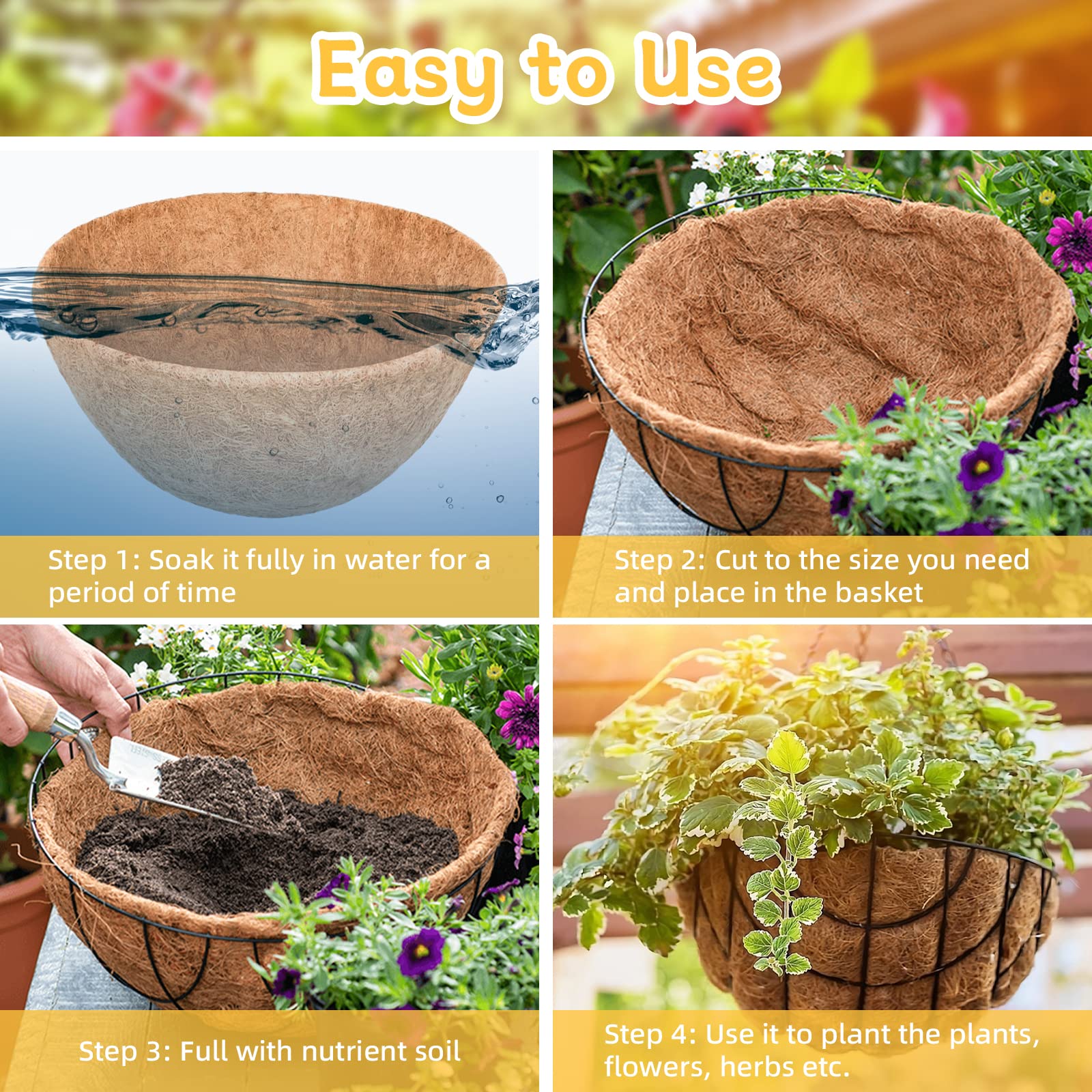 Riare 2 Pack 12 Inch Round Coco Liners Replacement, 100% Natural Coconut Coir Liners for Hanging Baskets, Garden Flower Vegetables Planter Pot, Window Box, Fence, Decks