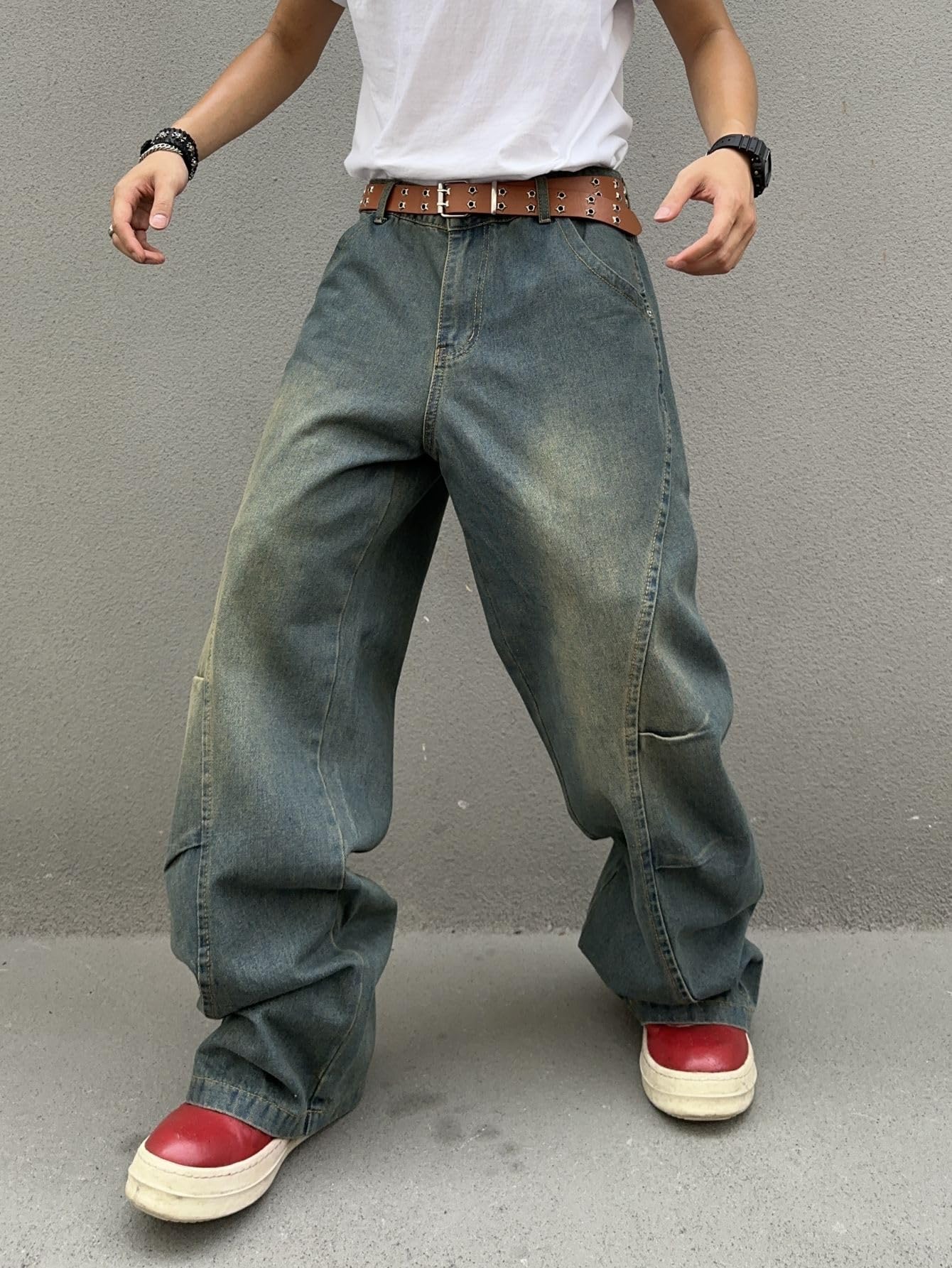 DFGIGT Men's Irregular Sutures Y2k Hip Hop Baggy Jeans Wide Leg Denim Pants Casual Loose Fit Trousers Streetwear