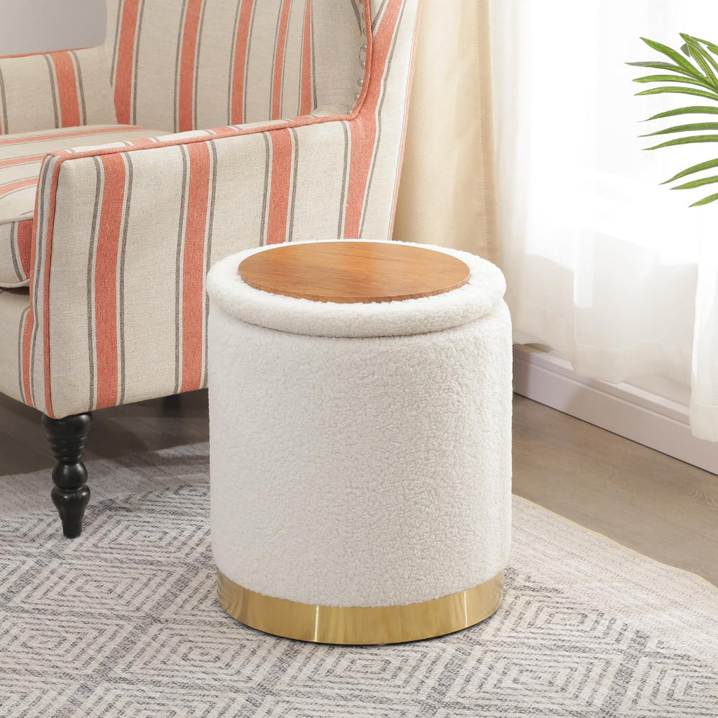 Joveco Boucle Round Ottoman with Storage,Vanity Stool with Storage for Bedroom, Ottoman Coffee Table,Small Boucle Foot Stool for Living Room, Black with Gold Plating