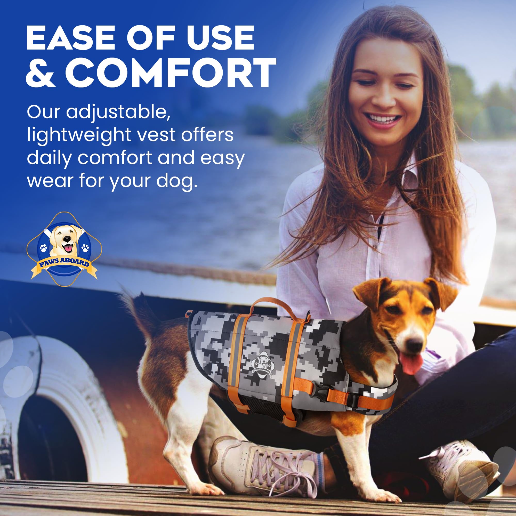 Dog Life Jacket — Premium Swim Vest with SafeChin Anti-Choke Collar | PAWS Aboard Blue & Yellow | RapidLift Rescue Handle, D-Ring, Reflective Trim | Boating, Kayaking, Pool | XX-Small (Under 6 lbs)