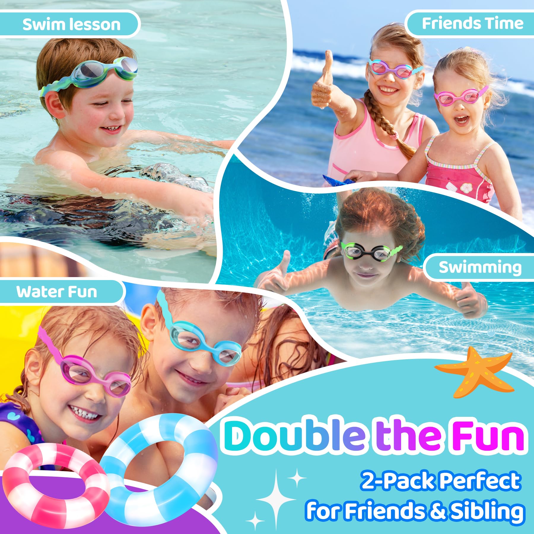 Vvinca Kids Swim Goggles with Fabric Strap No Tangle Pain-Free, Anti-Fog Swimming Pool Goggle No Leak for Toddlers Girls Boys