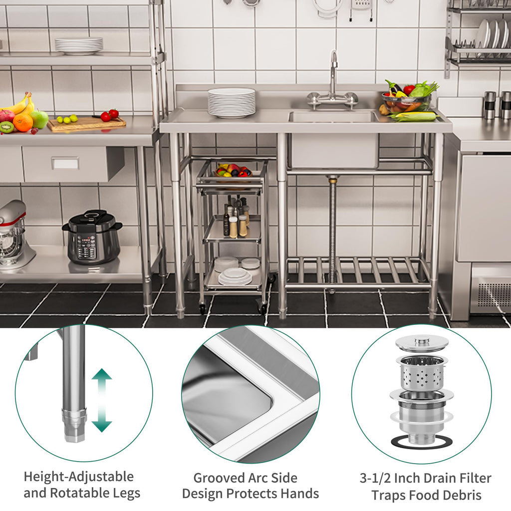YITAHOME Freestanding Commercial 3 Bay Kitchen Under bar Sink NSF Stainless Steel 3 Compartment Bowl Outdoor Sink with Storage Shelve, Backsplash for Restaurant, Food Truck & Home (39"x 18"x 37")