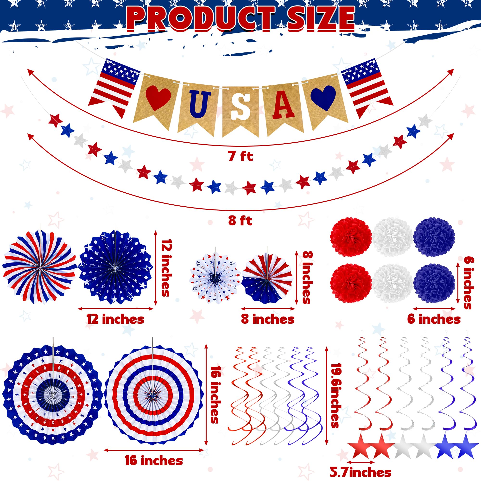 26 PCS 4th of July Decorations, 250th Memorial Day Red White Blue Paper Fans Decorations, 4th of July Banner Pompom Garland and Hanging Swirls Set for Fourth of July Independence Day Decor