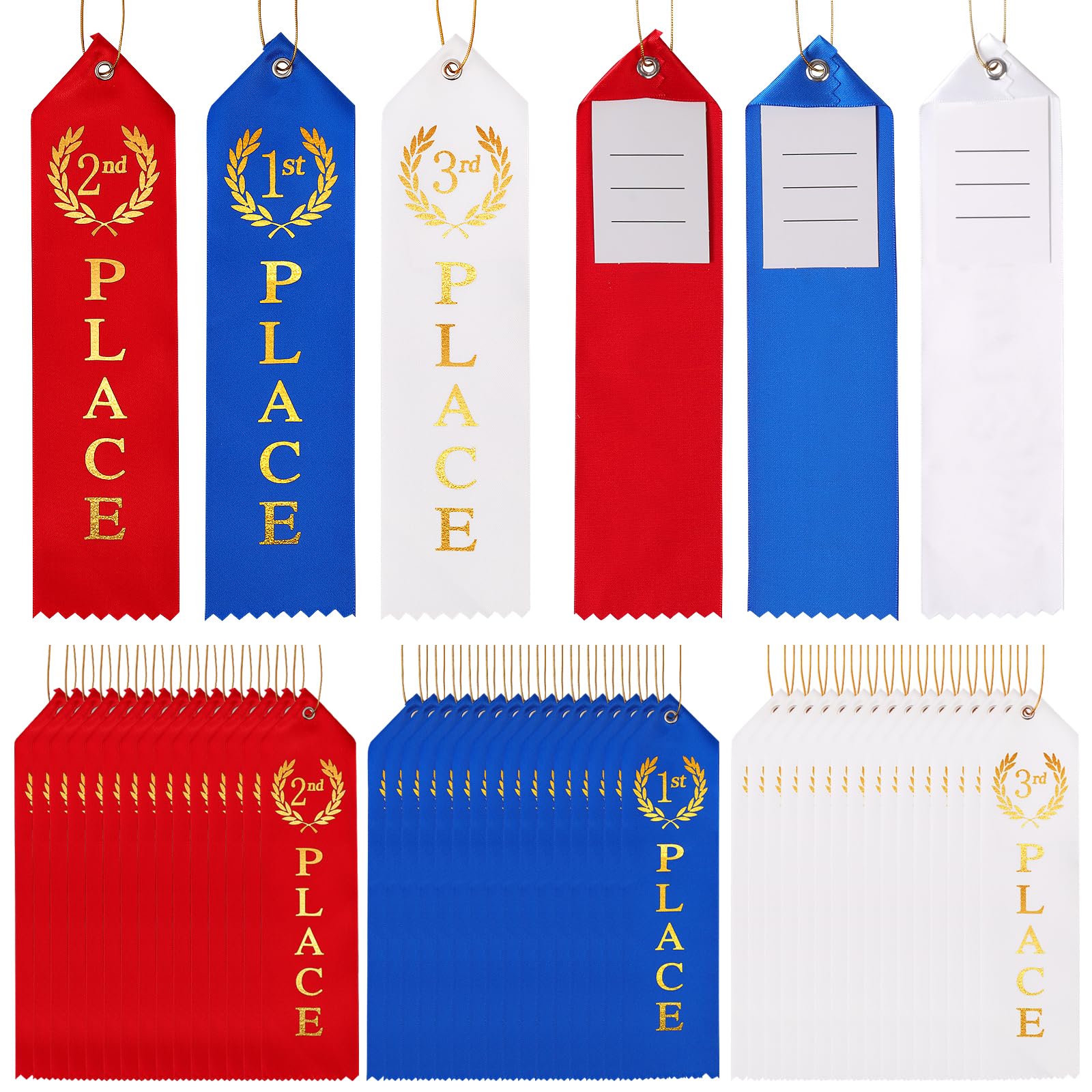 36PCS Award Ribbons, Medal Ribbons for 1st, 2nd, 3rd Place, Event Card & Rope Included, Perfect for Competitions, Sports Events, School Challenges, Vibrant Blue, Red, and White