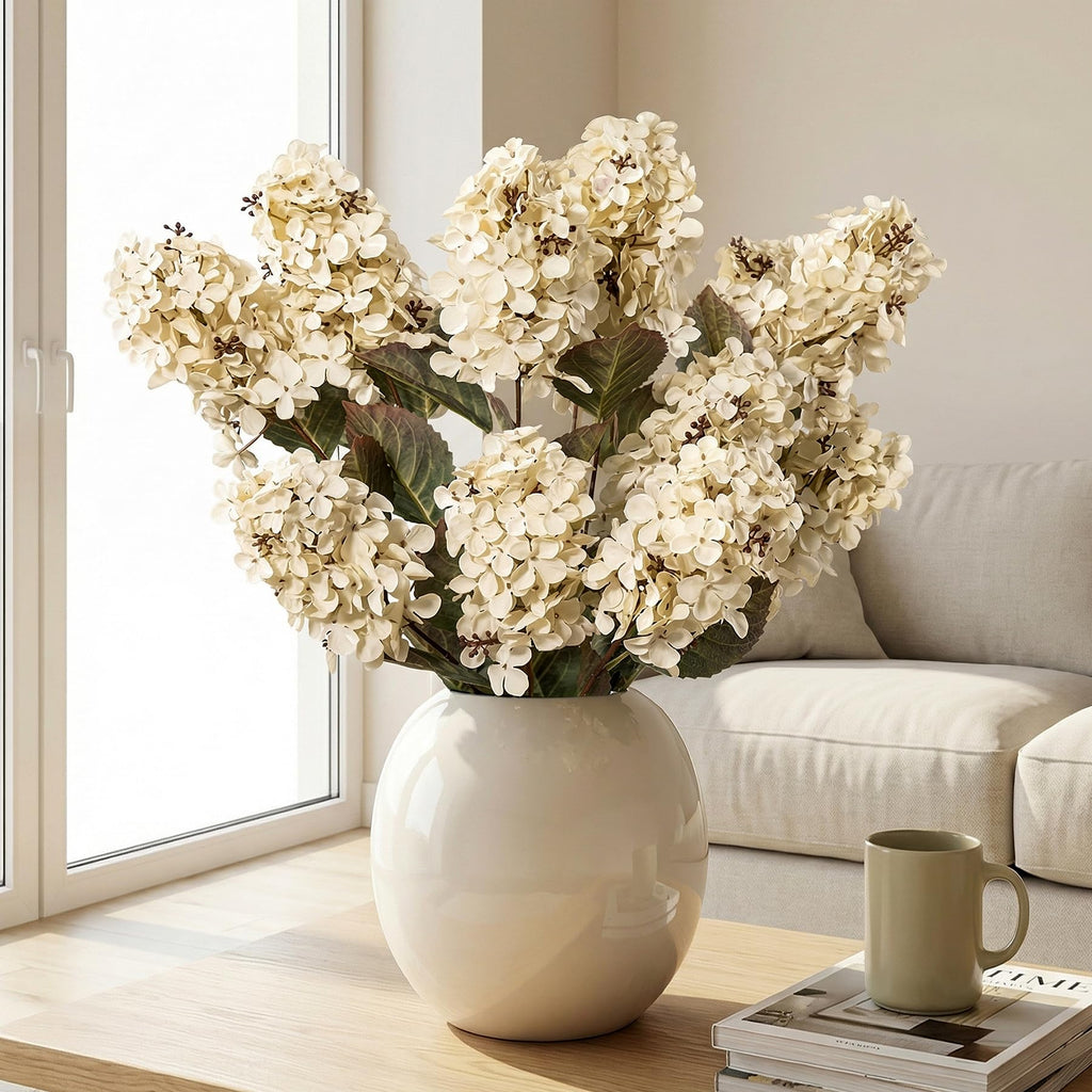 Ttranewsoo Hydrangea Artificial Flowers,Fall Hydrangeas Artificial Flowers,Blue Fake Fall Dried Hydrangea Flowers Decoration,Faux Silk Flower with Stems Winter Decor(Blue 24" 8pcs) Without Vase