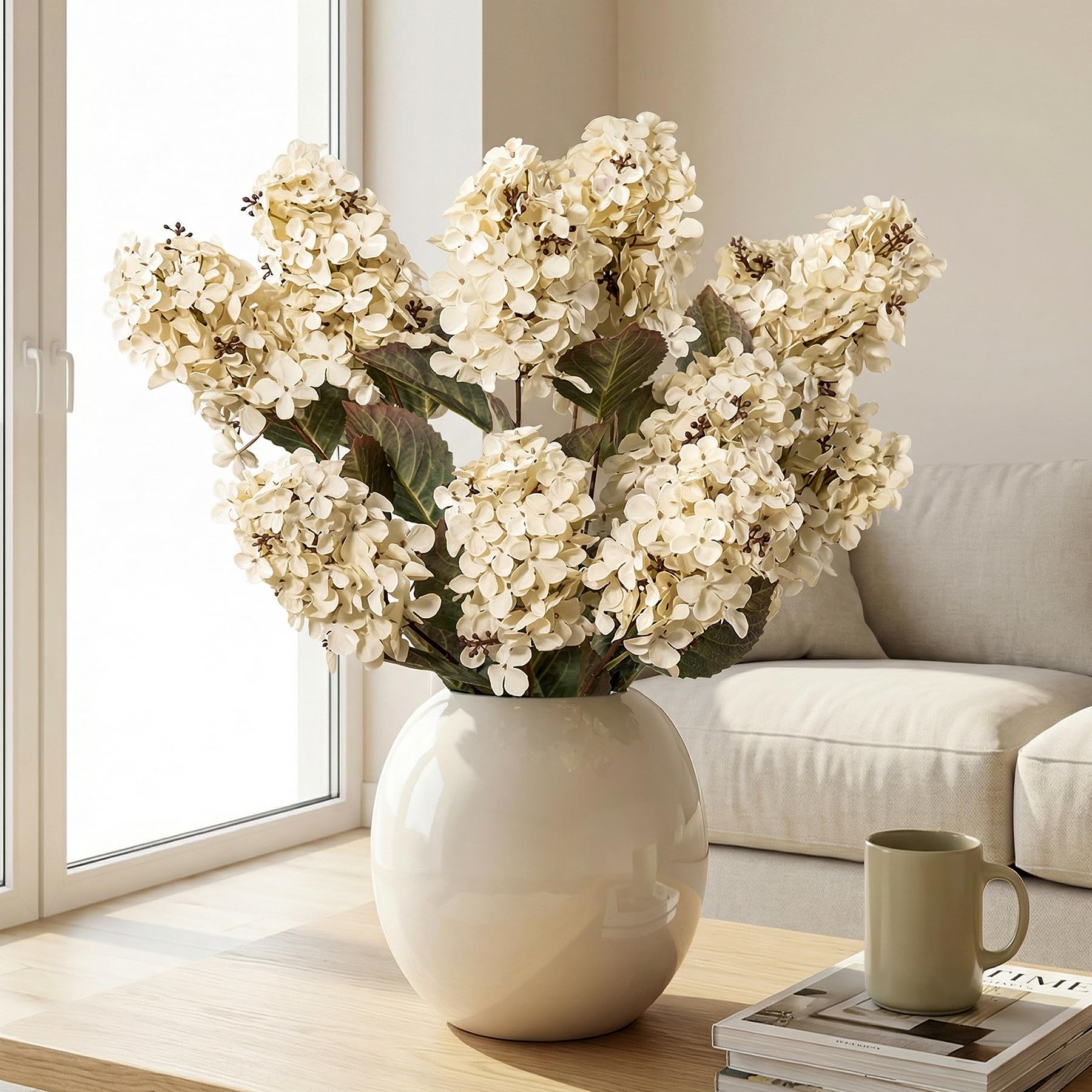 Ttranewsoo Hydrangea Artificial Flowers,Fall Hydrangeas Artificial Flowers,Blue Fake Fall Dried Hydrangea Flowers Decoration,Faux Silk Flower with Stems Winter Decor(Blue 24" 8pcs) Without Vase