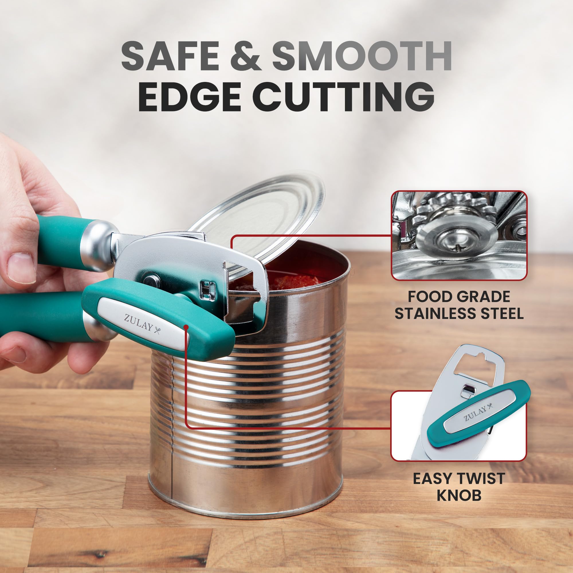 Zulay Kitchen Heavy Duty Stainless Steel Can Opener Manual with Bottle Opener - Rust Proof Manual Can Opener With Turn Knob & Comfy Soft Grip Handles - Airy Lilac