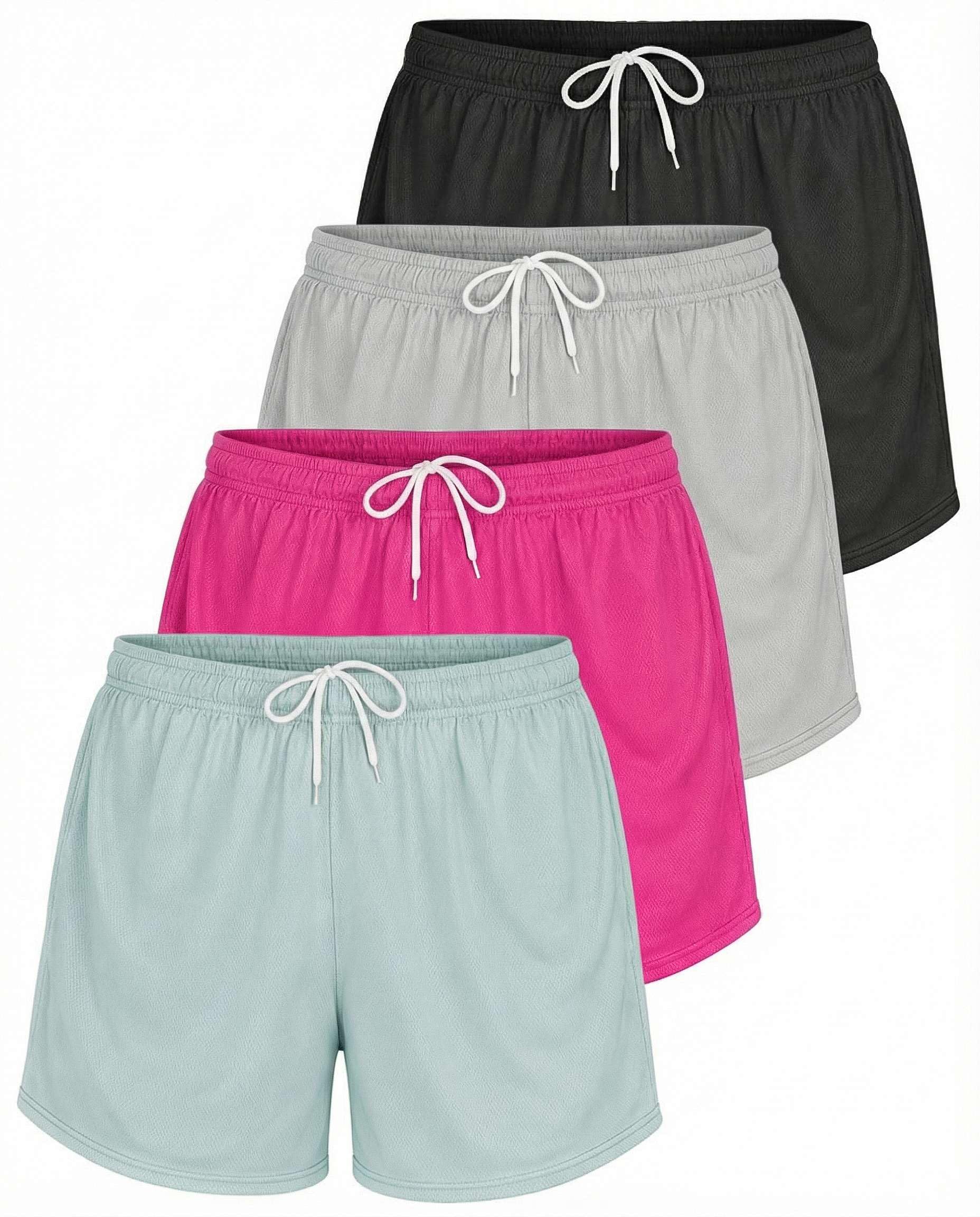 Real Essentials 4 Pack: Womens Active Athletic Performance Mesh Shorts with Pockets (Available in Plus Size)