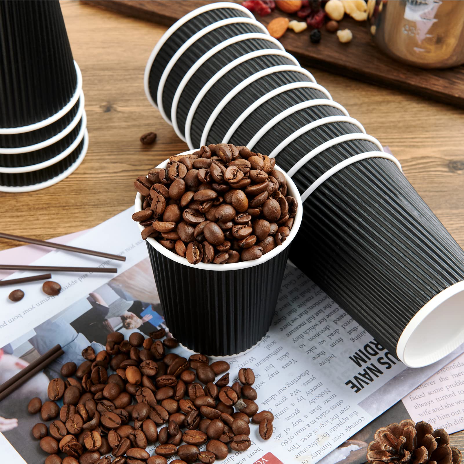 JollyPack 60 Pack 12 oz Paper Coffee Cups, Black Disposable Beverage Cups with Insulated Ripple Wall for Coffee, Tea, and Hot Chocolate