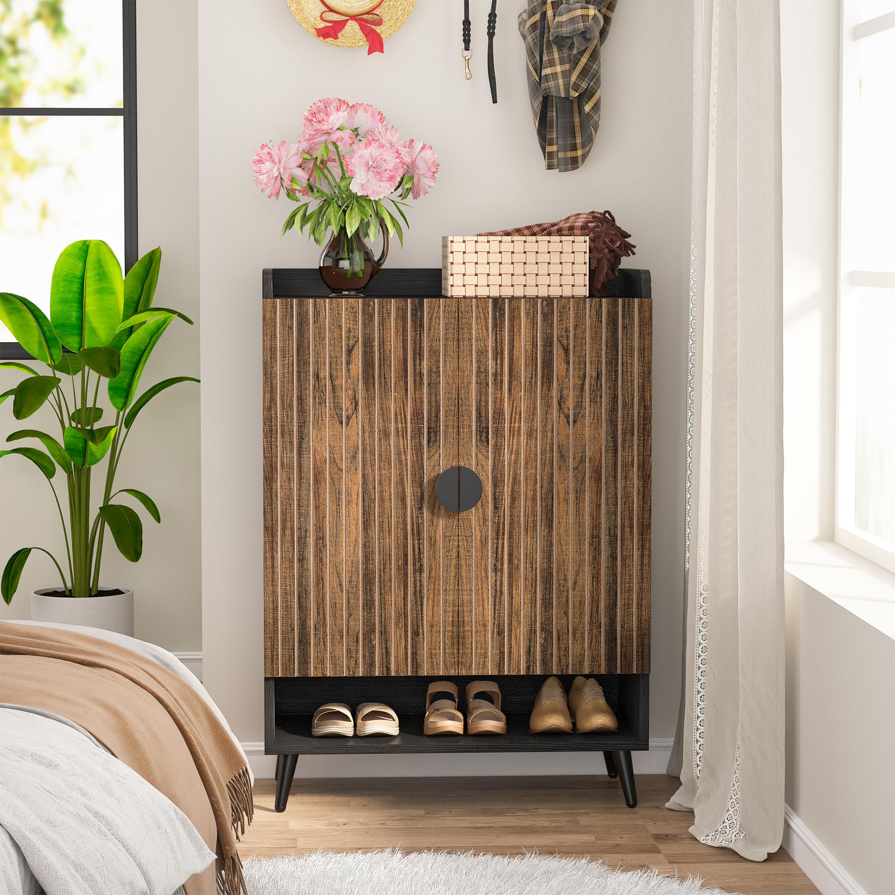 Tribesigns Shoe Cabinet with Doors, 7-Tier Shoe Storage Cabinet with Adjustable Shelves, Wooden Shoes Rack Shoe Storage Organizer for Entryway, Hallway, Closet, Living Room, Black