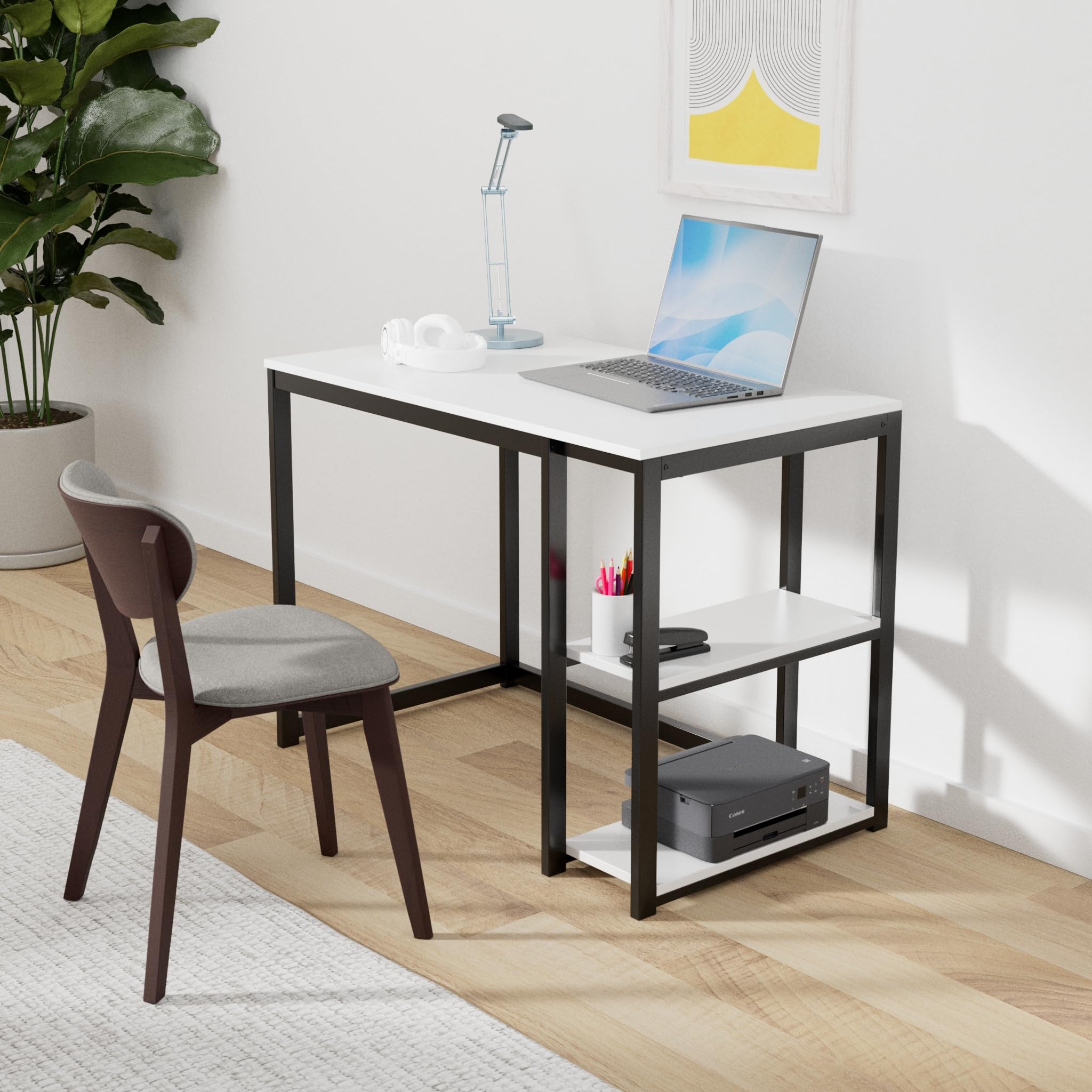 SINPAID 40 Inch Small Gaming Desk with Shelves for Small Spaces, Easy Assembly Study Desk, Sturdy Writing Desk for Bedroom & Home Office, Black