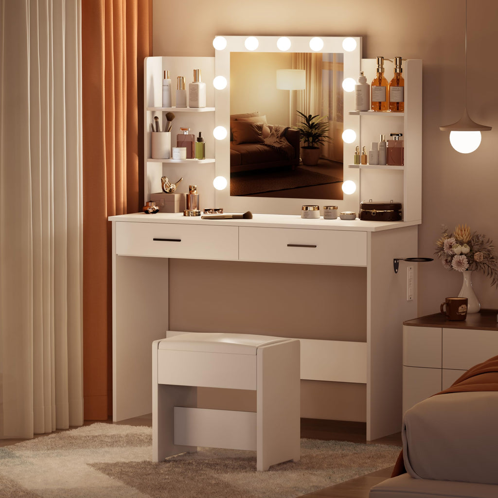 YIKEHOME Makeup Vanity Desk with Mirror and 10 Lights, 3-Colour Hollywood Brighter Bulbs, Vanity Table Set with Large Drawers and and Charging Station for Bedroom Dressing Room White