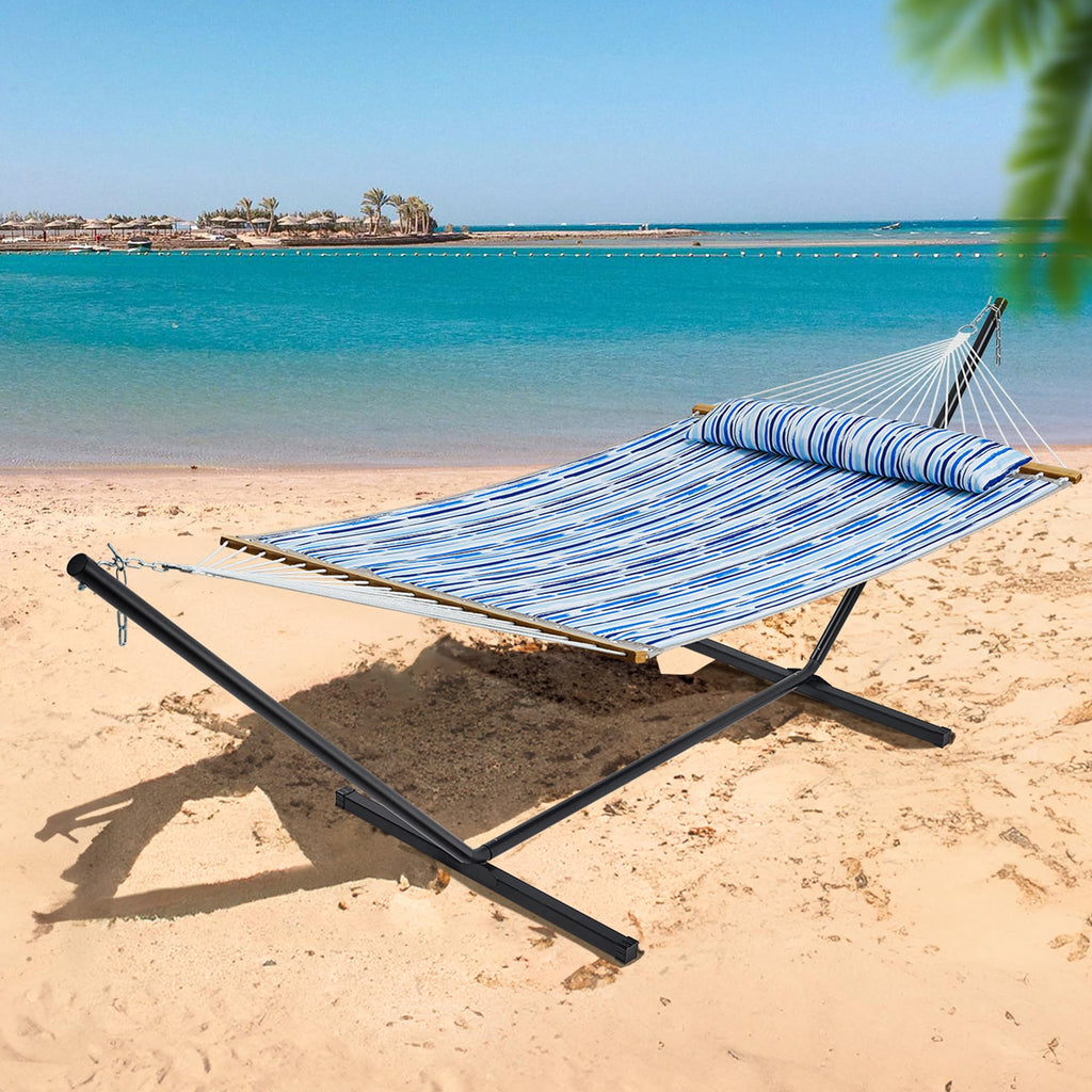 SUPERJARE Hammock with Stand, 2 Person Quilted Outdoor Hammock, Detachable Pillow & Bamboo Spreaders, Portable Hammock with Carrying Bag, Heavy Duty Stand, Perfect for Outside, Patio, Aqua Blue