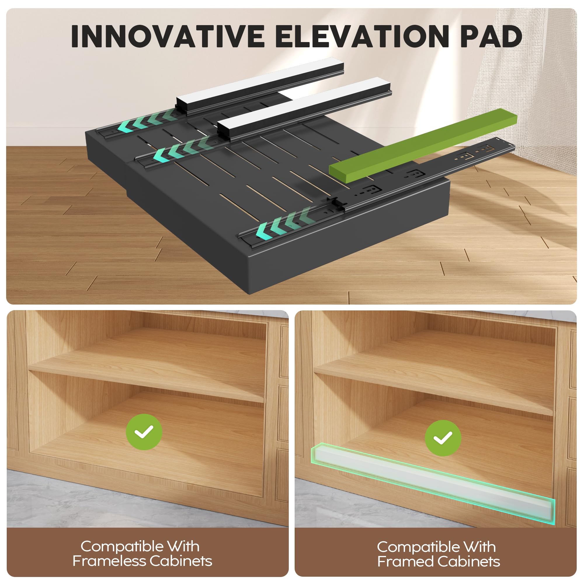 Seinloes 4 Pack Pull Out Cabinet Organizers 21" Deep With Raising Pad for Framed Cabinets, Expandable Width (15.2"-26.3") Slide Out Drawers Upgrade 3 Slide Rails, Roll Out Shelves Adhesive, Black
