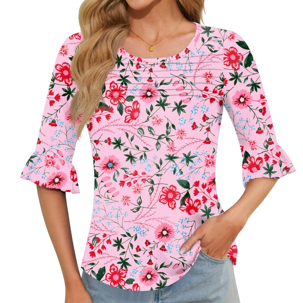 Blingfit Womens Tops 3/4 Length Sleeve Dressy Casual Shirts Bell Sleeve Front Pleated Fasion Trendy Summer Blouses 2026