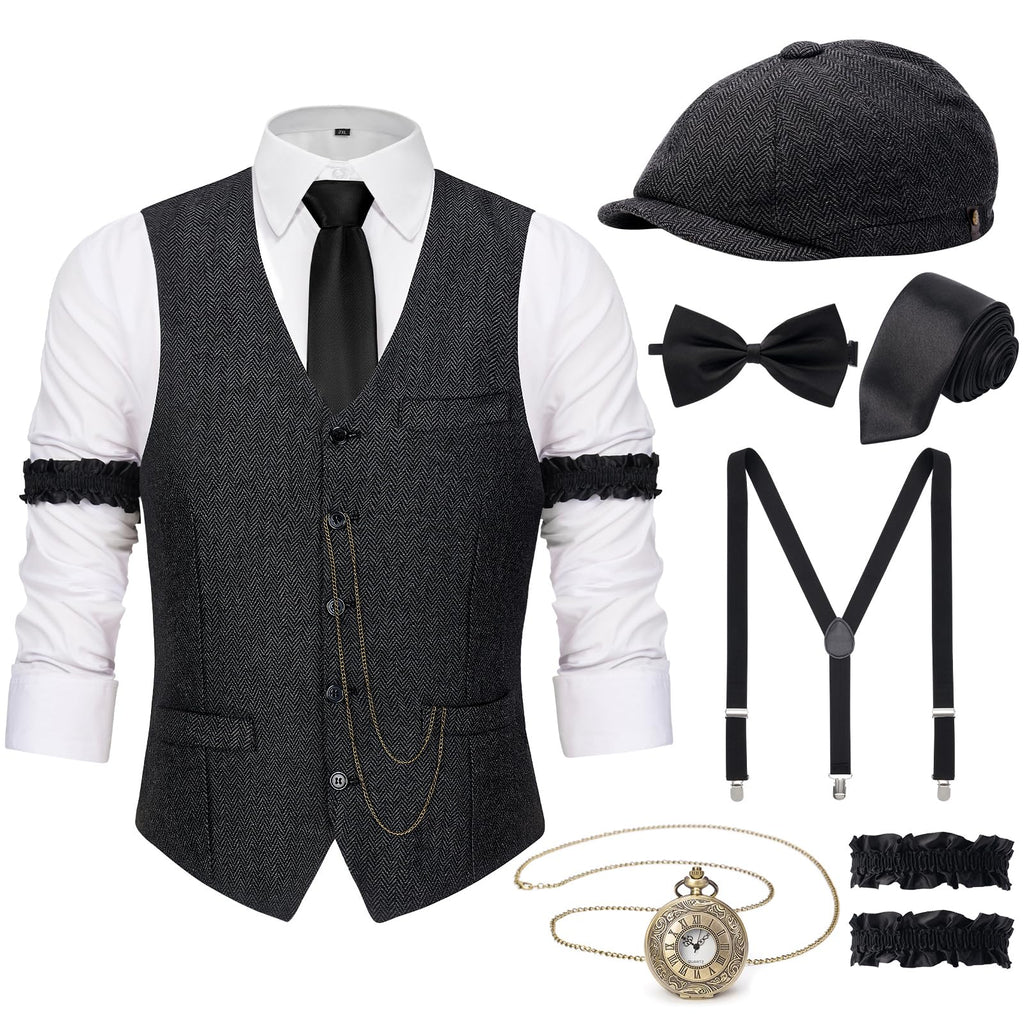 YESSA 1920s Mens Costume,Roaring 20s Costumes for Men,Gatsby Costume Men,1920s Mens Outfit Hat Vest Pocket Watch Tie