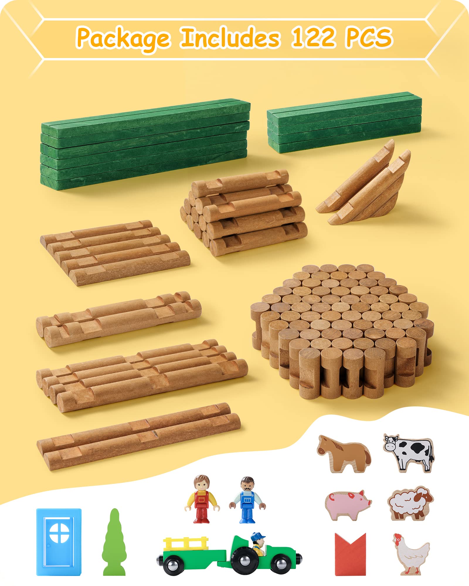 SainSmart Jr. 110 PCS Wooden Log Cabin Set Building House Toy for Toddlers, Classic STEM Construction Kit with Colorful Wood Logs Blocks for 3+ Years Old