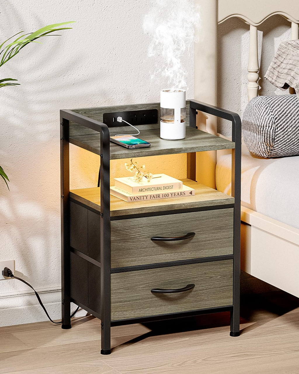 Lazzanto Night Stand Bedside Charger Bedroom - Nightstand with Charging Station & LED Light Strip, Night Stand with Storage Shelf & 2 Fabric Drawers, Morden End Table with U-S-B Ports & AC Outlets