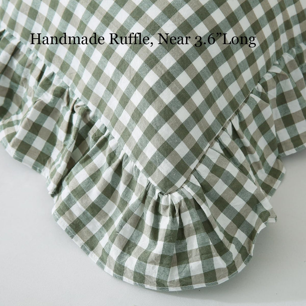 Silnuo Green/White Plaid Ruffled Queen Size Pillow Shams Set of 2,Washed Cotton Shabby Checkered Gingham Farmhouse Bed Pillow Covers 20"x30"