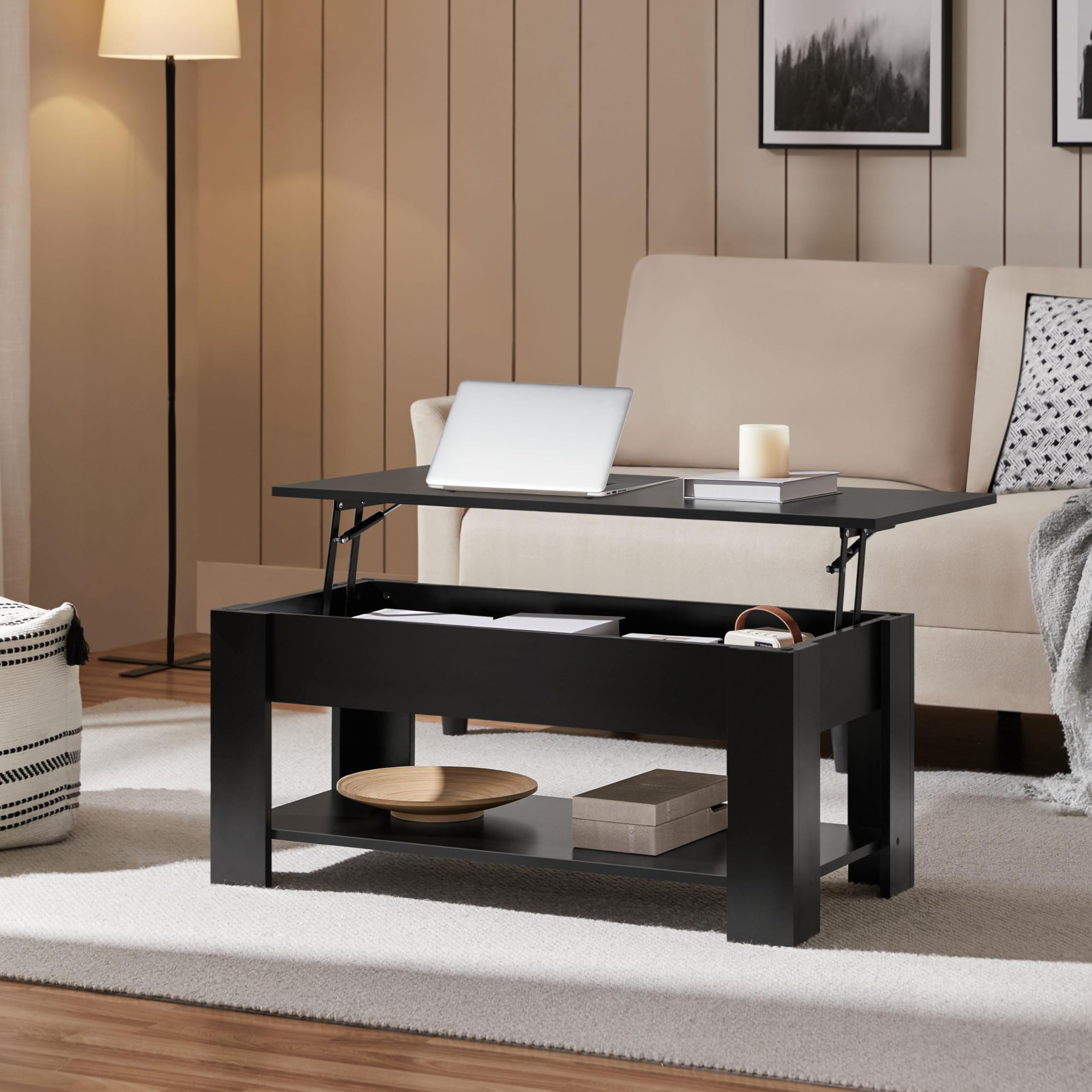 Yaheetech Wooden Coffee Table, Lift Top Coffee Table with Large Hidden Storage Shelf, Lift Tabletop Dining Tables for Living Room, Home Small Space, 38.6in, Black